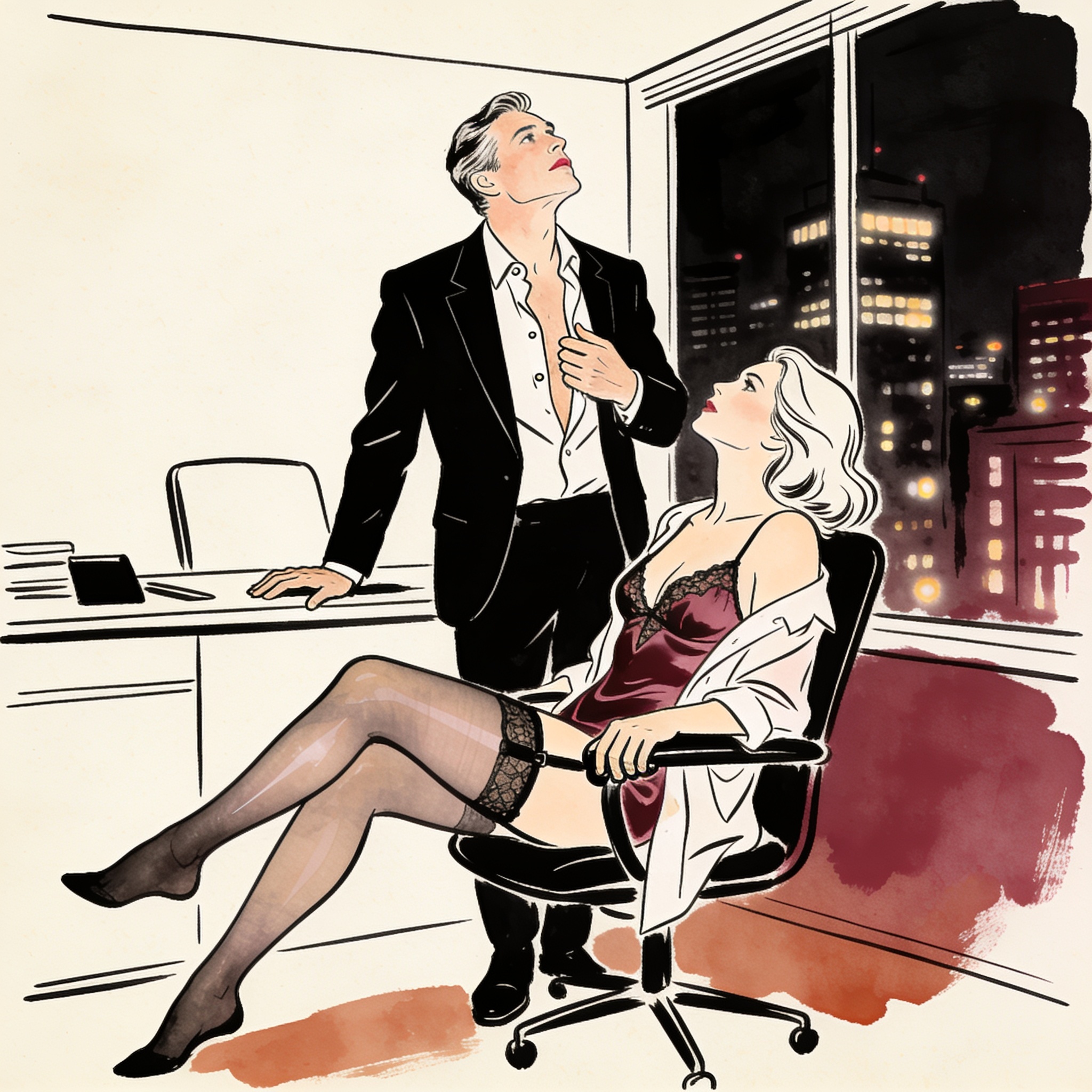 Woman in chair touches man's chest, his gaze intent on her in a modern office.