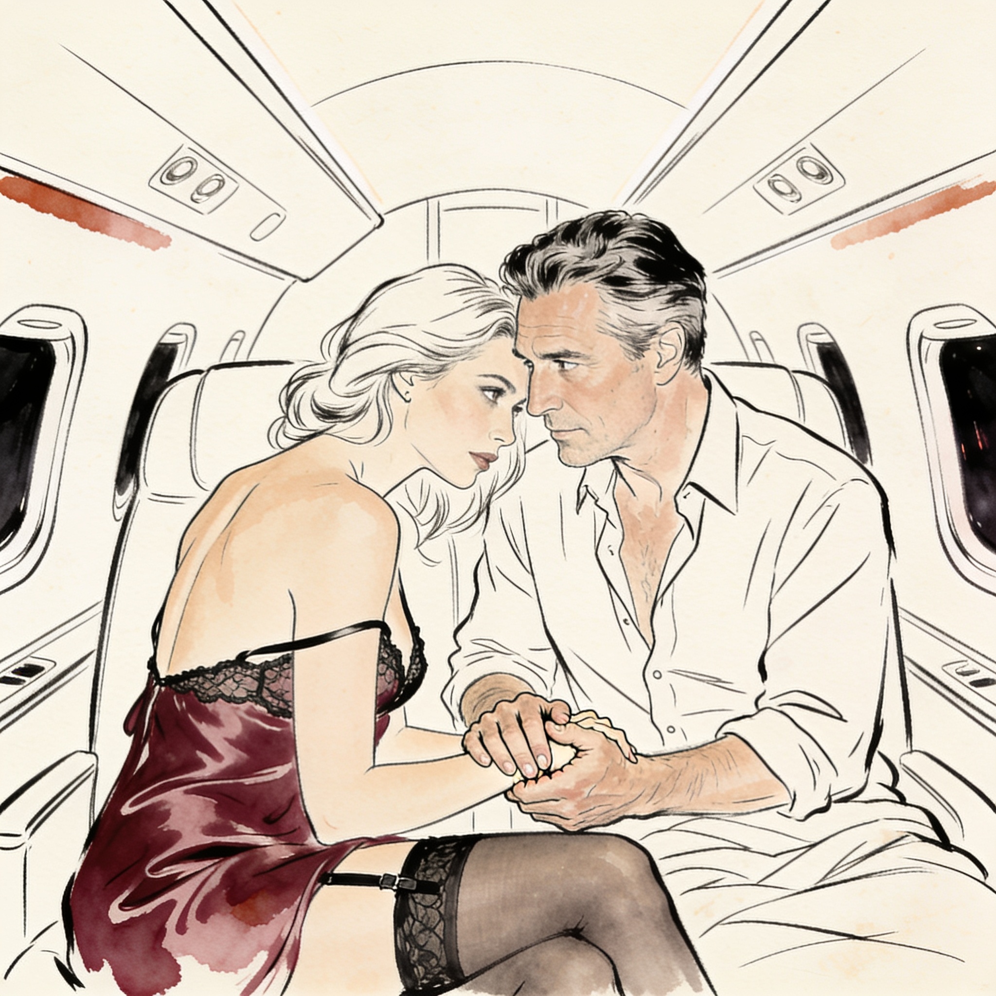 Man gripping woman's wrist in a jet cabin, a charged and intimate moment.