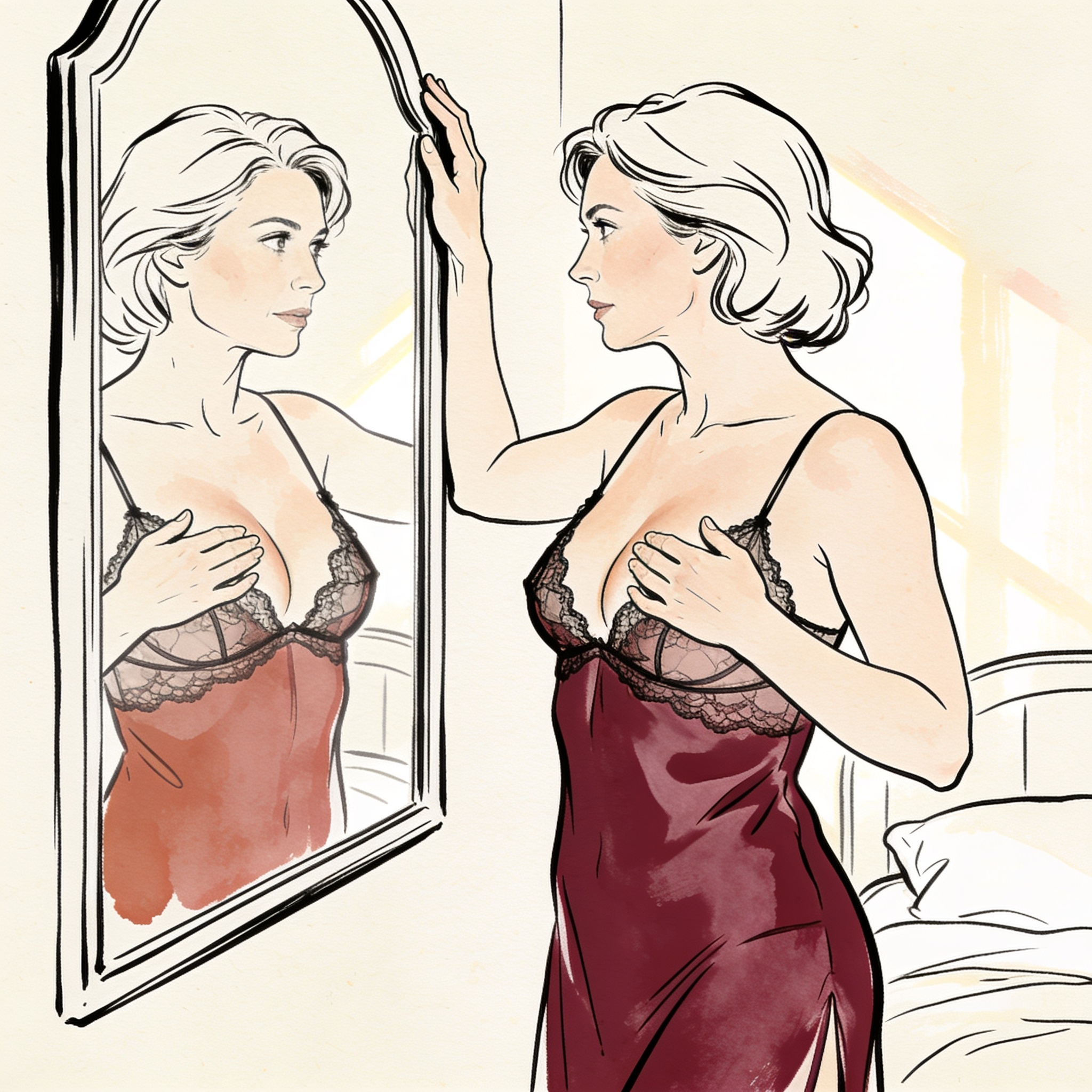 A person in lingerie stands before a mirror, one hand touching their breast in quiet awe.