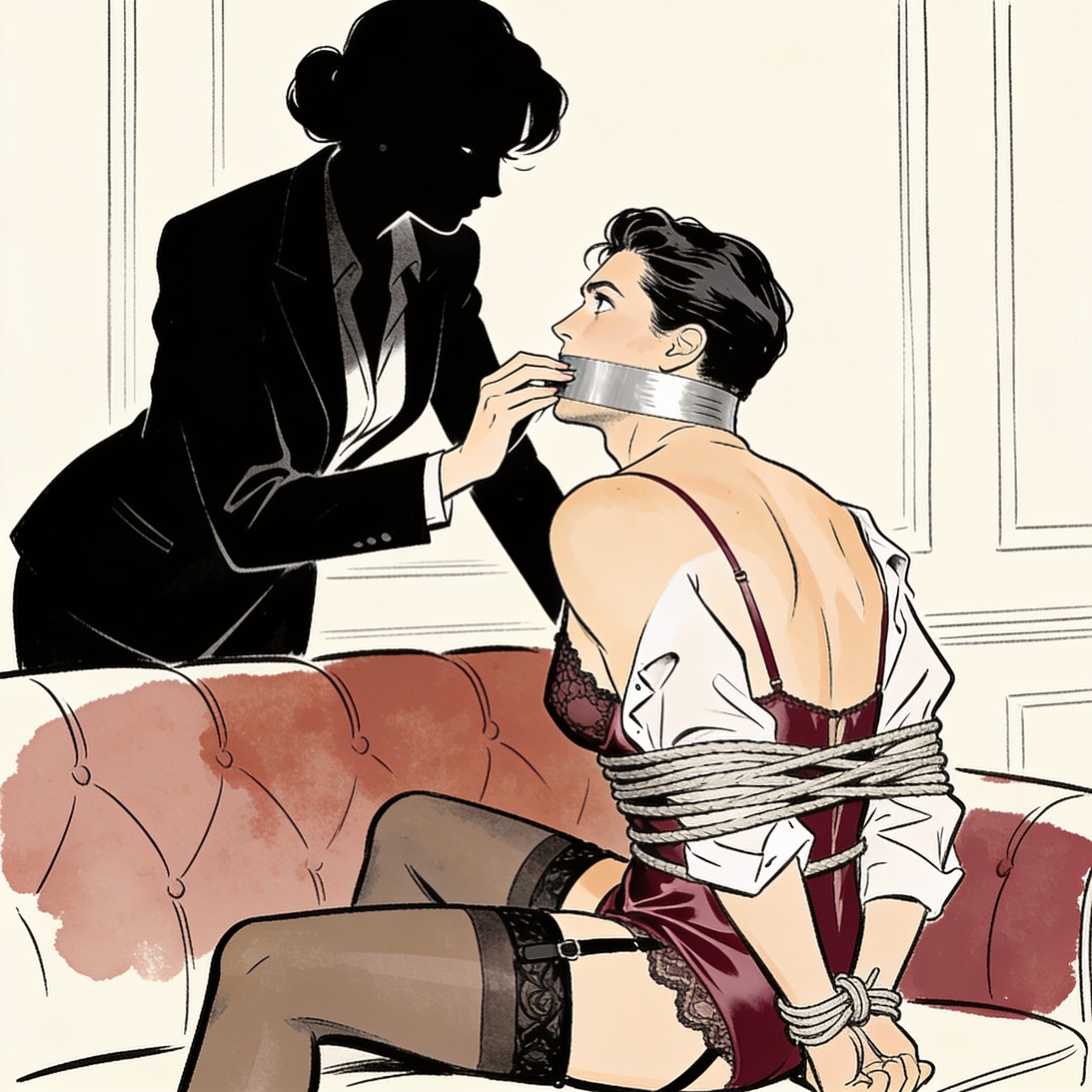 A woman in a suit leans over her bound, lingerie-clad partner on a sofa, fingertips nea...