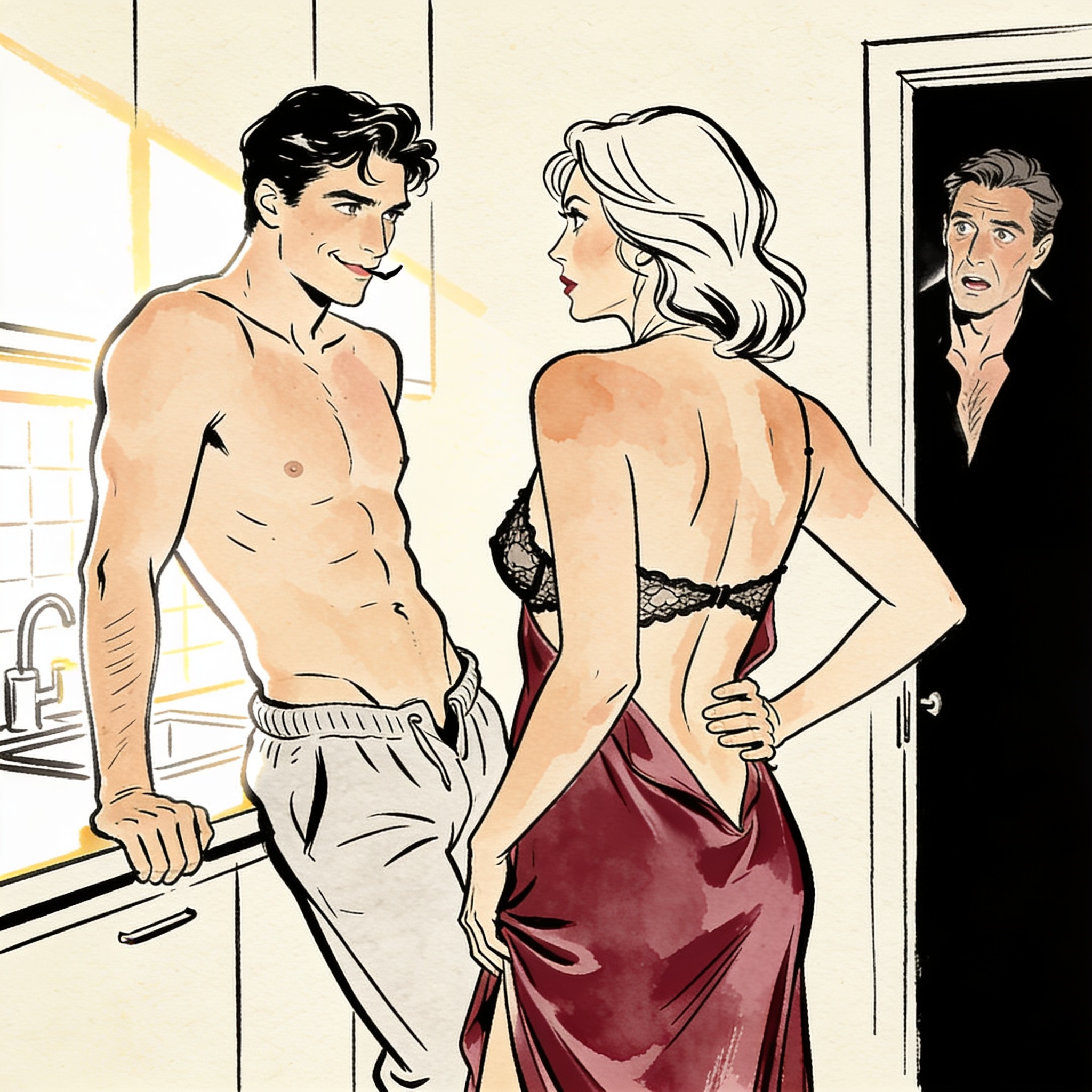 A woman's undone sundress reveals her back as she stares hungrily at a younger man whil...