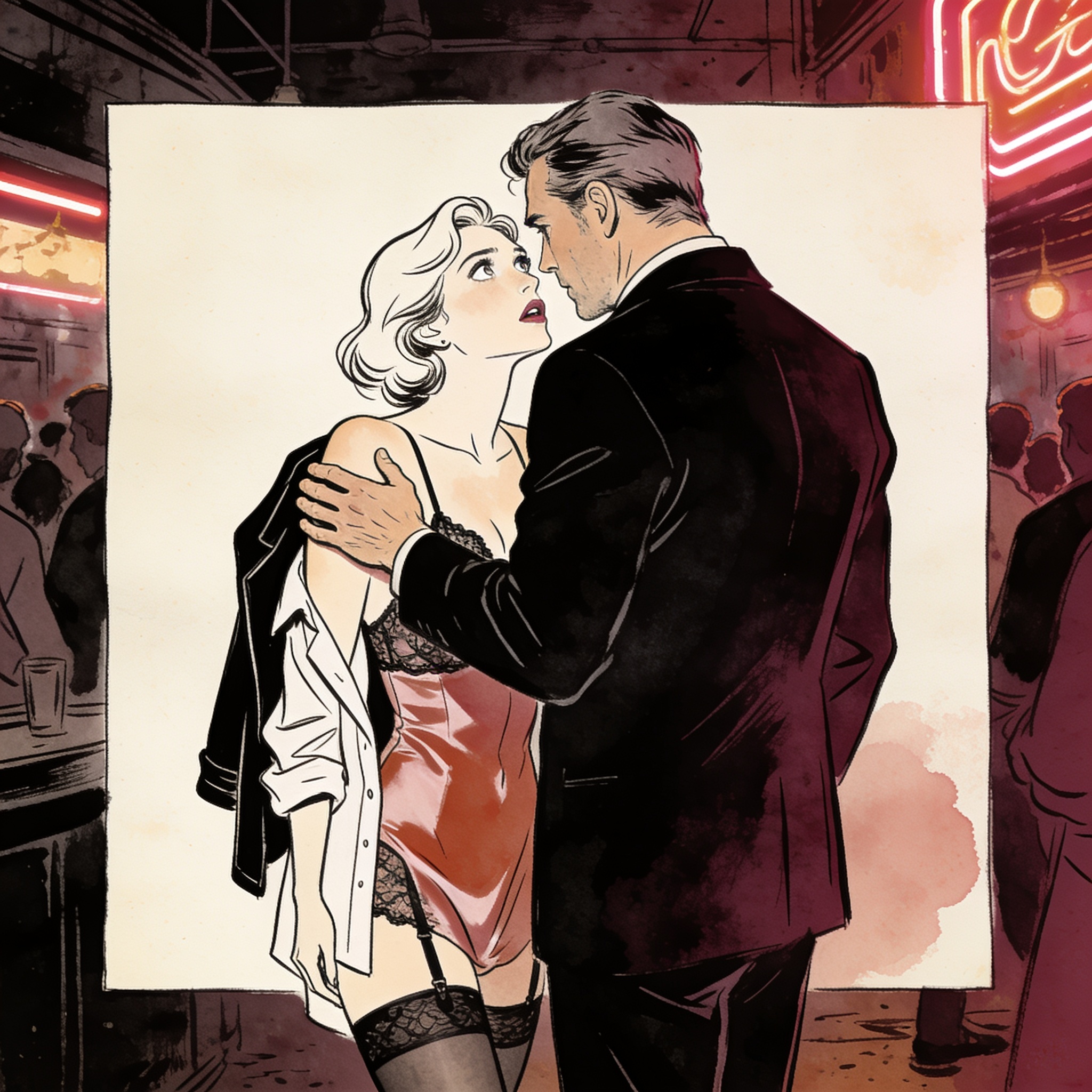 A man shields a fearful woman in a bar, his hand on her bare shoulder as they share an ...