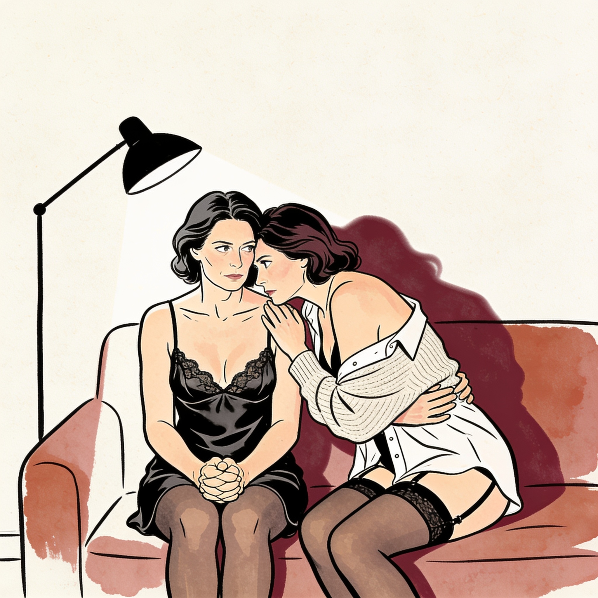 Two women in a tense, intimate conversation in a dimly lit room.