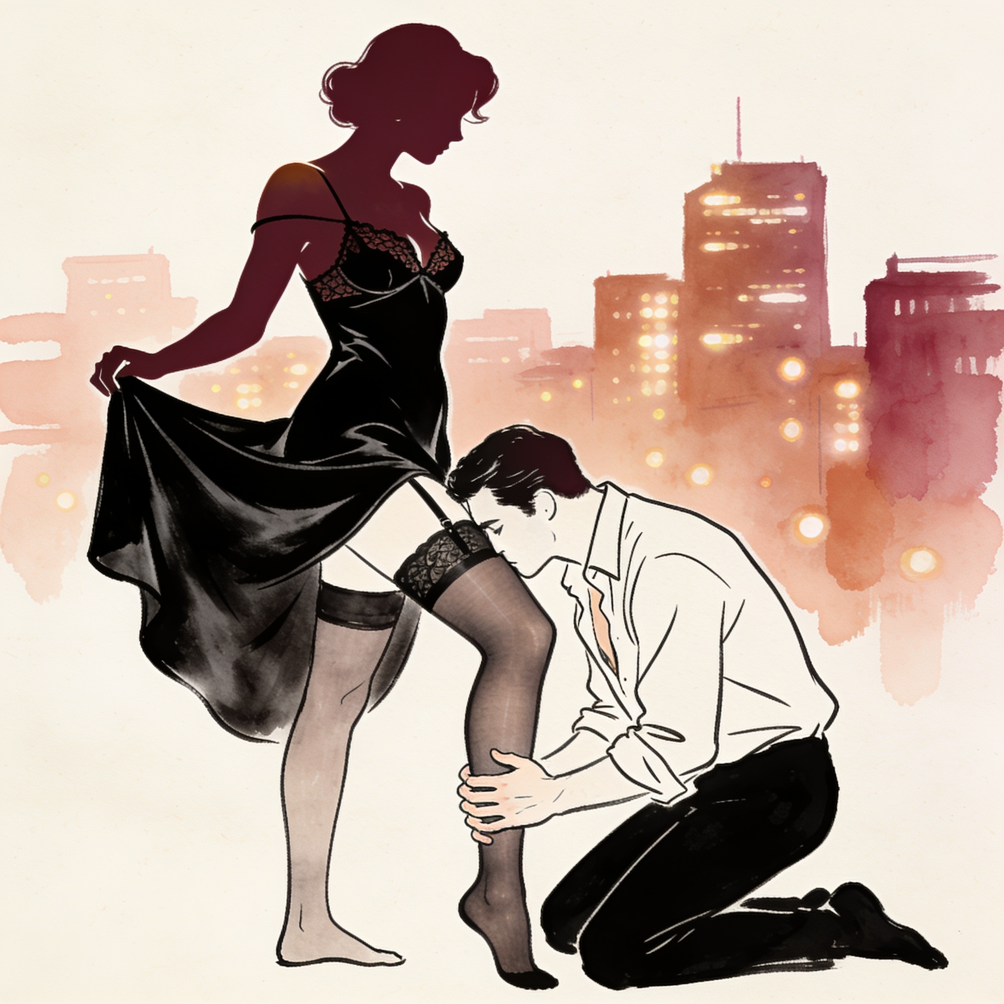 Silhouette of a woman in lingerie, her husband kneeling before her in a dark hotel room.