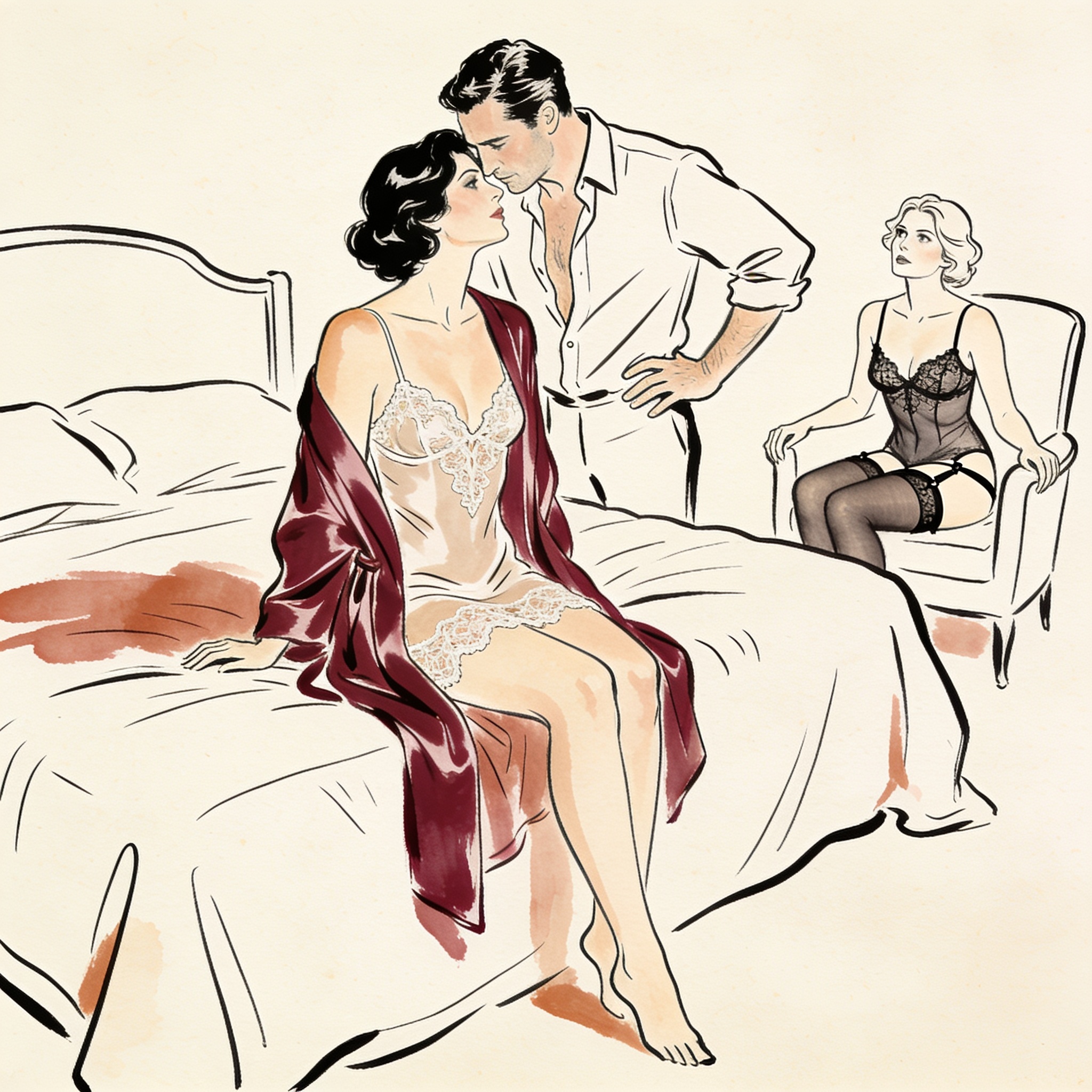 A couple and a friend share an intimate, silent moment in a warmly lit bedroom.