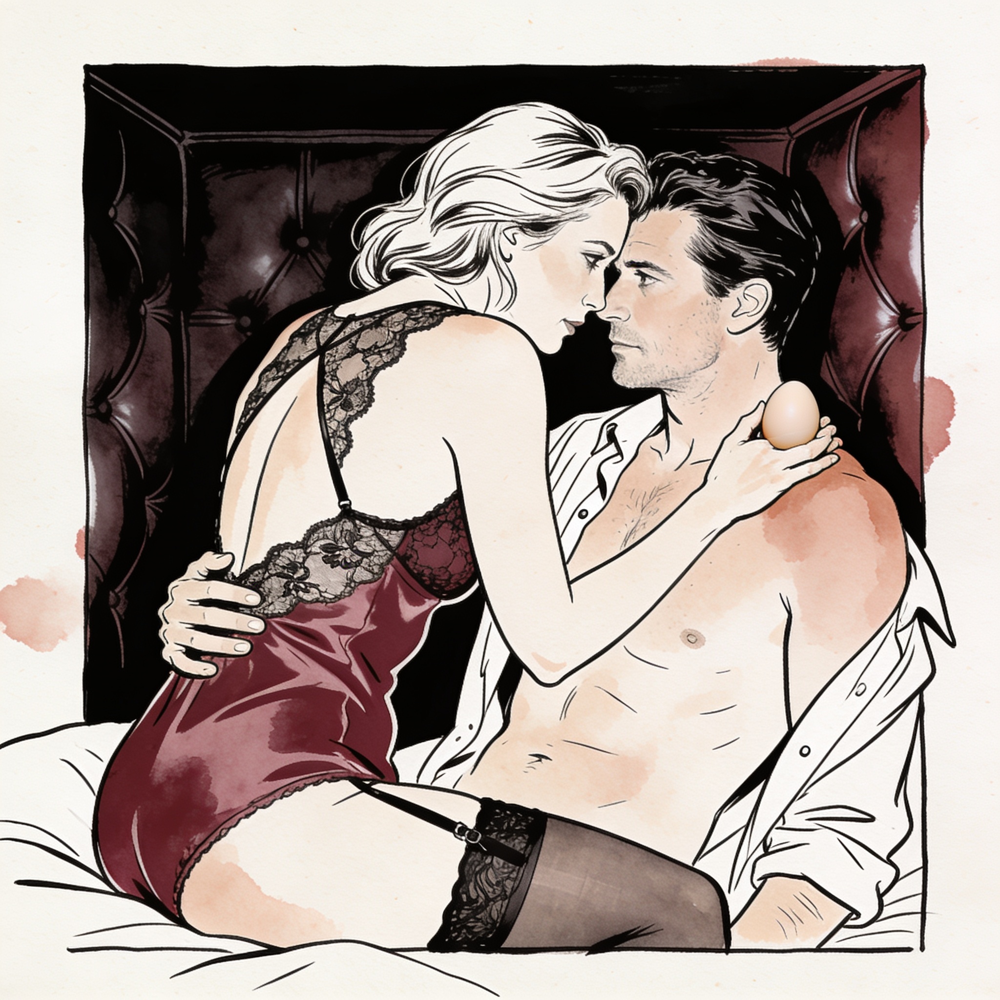 A couple in an intimate embrace, holding a toy, with intense eye contact.