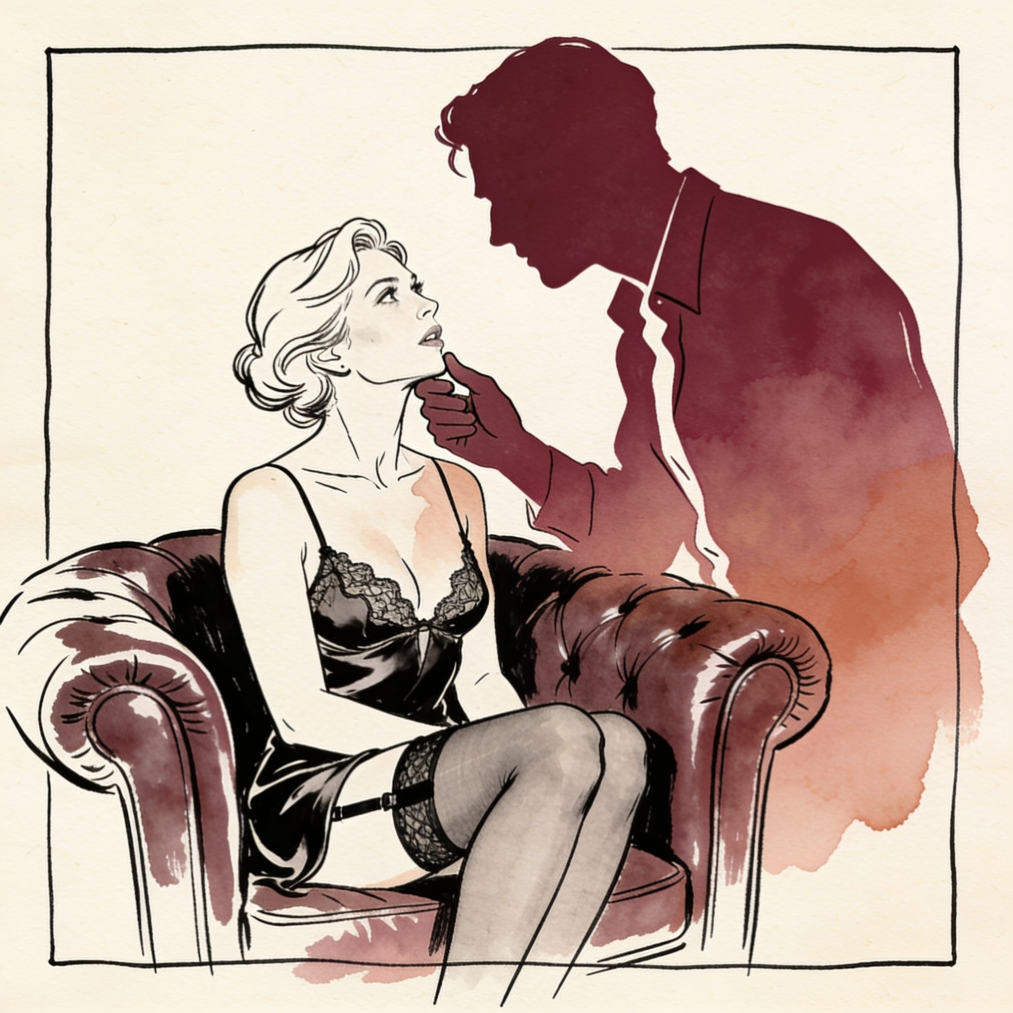A man’s hand gently holds a woman’s face as she looks up at him, tension in the dim room.
