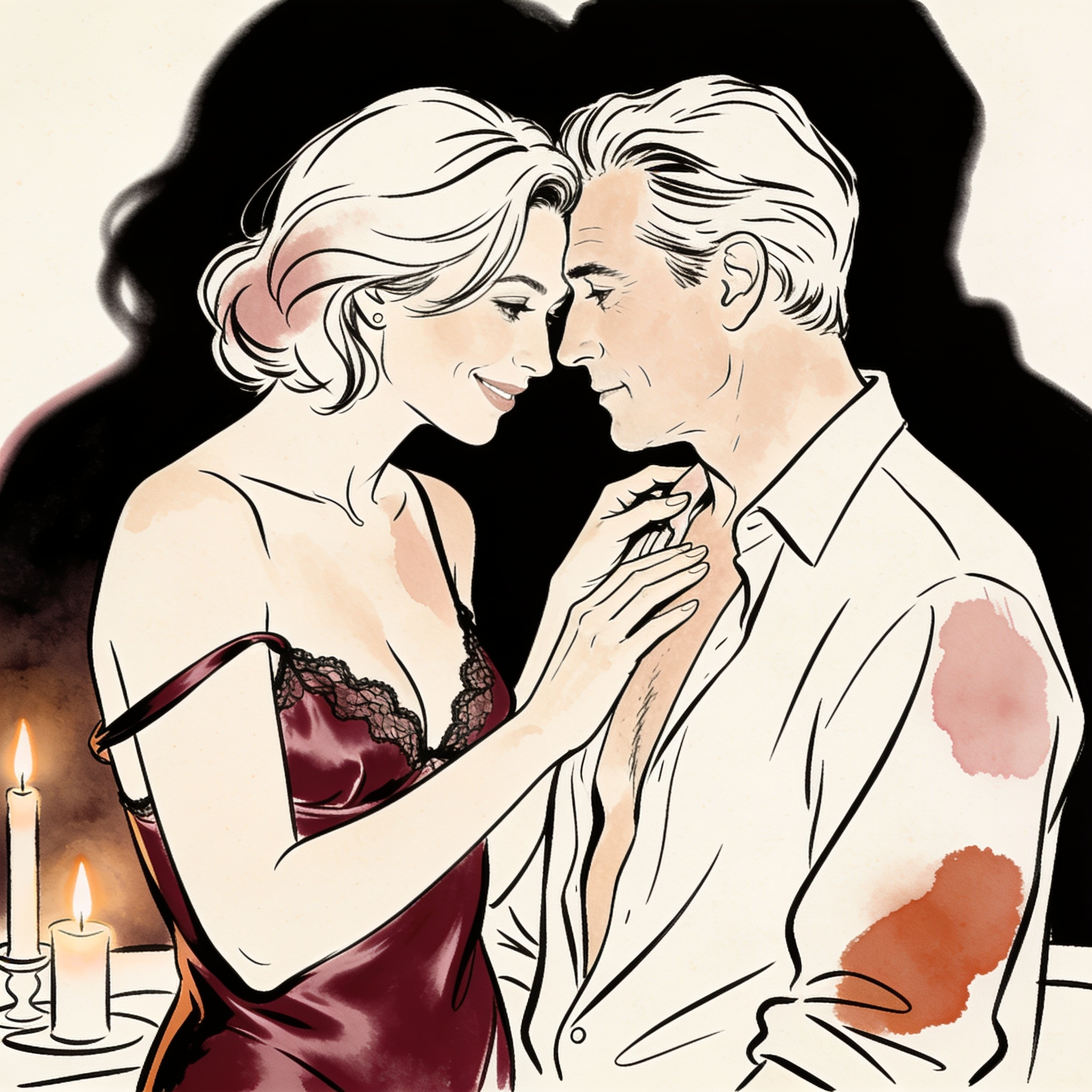 A couple in intimate closeness, foreheads touching in a candlelit room.