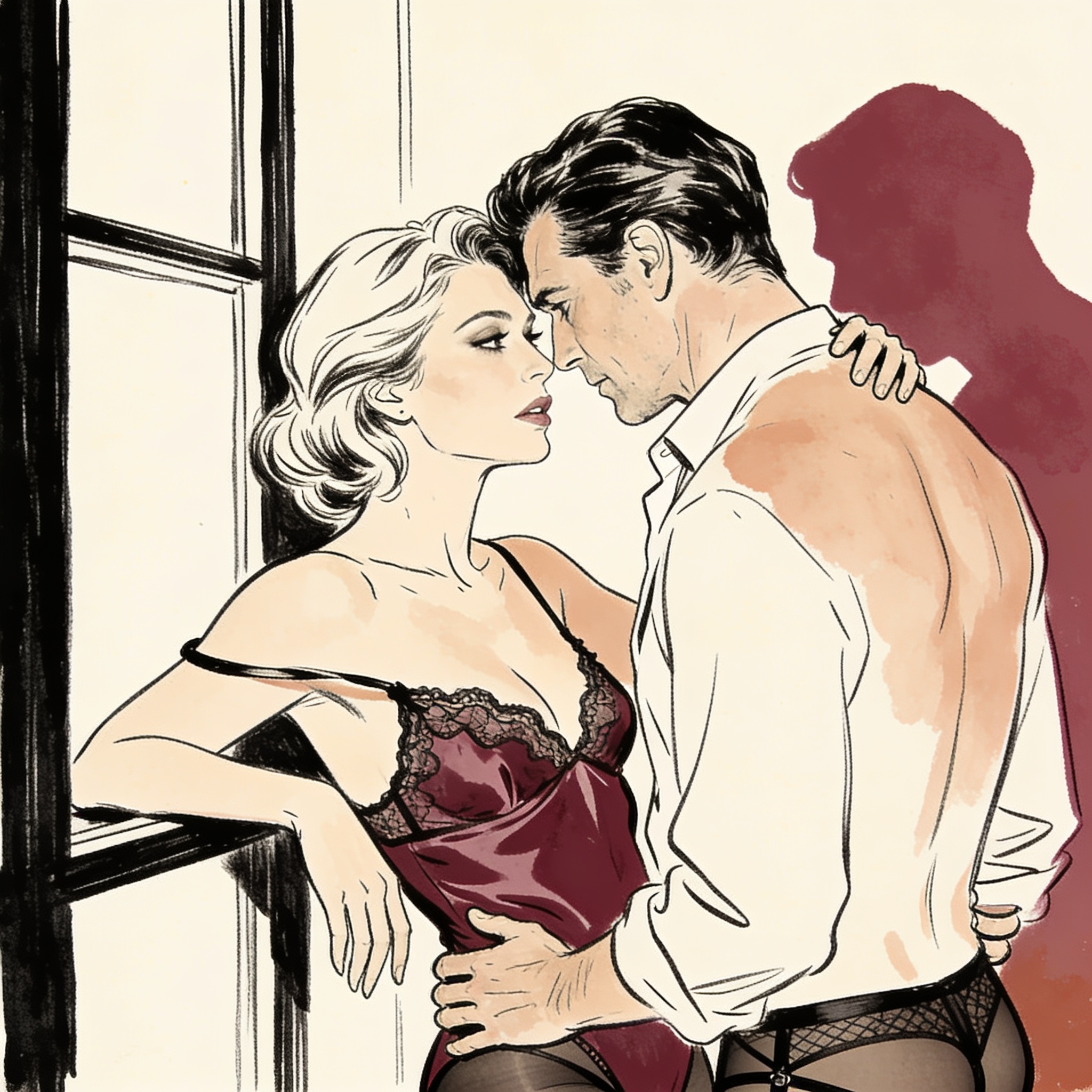 A woman in a lace camisole gazes longingly at a man's silhouette against city lights.