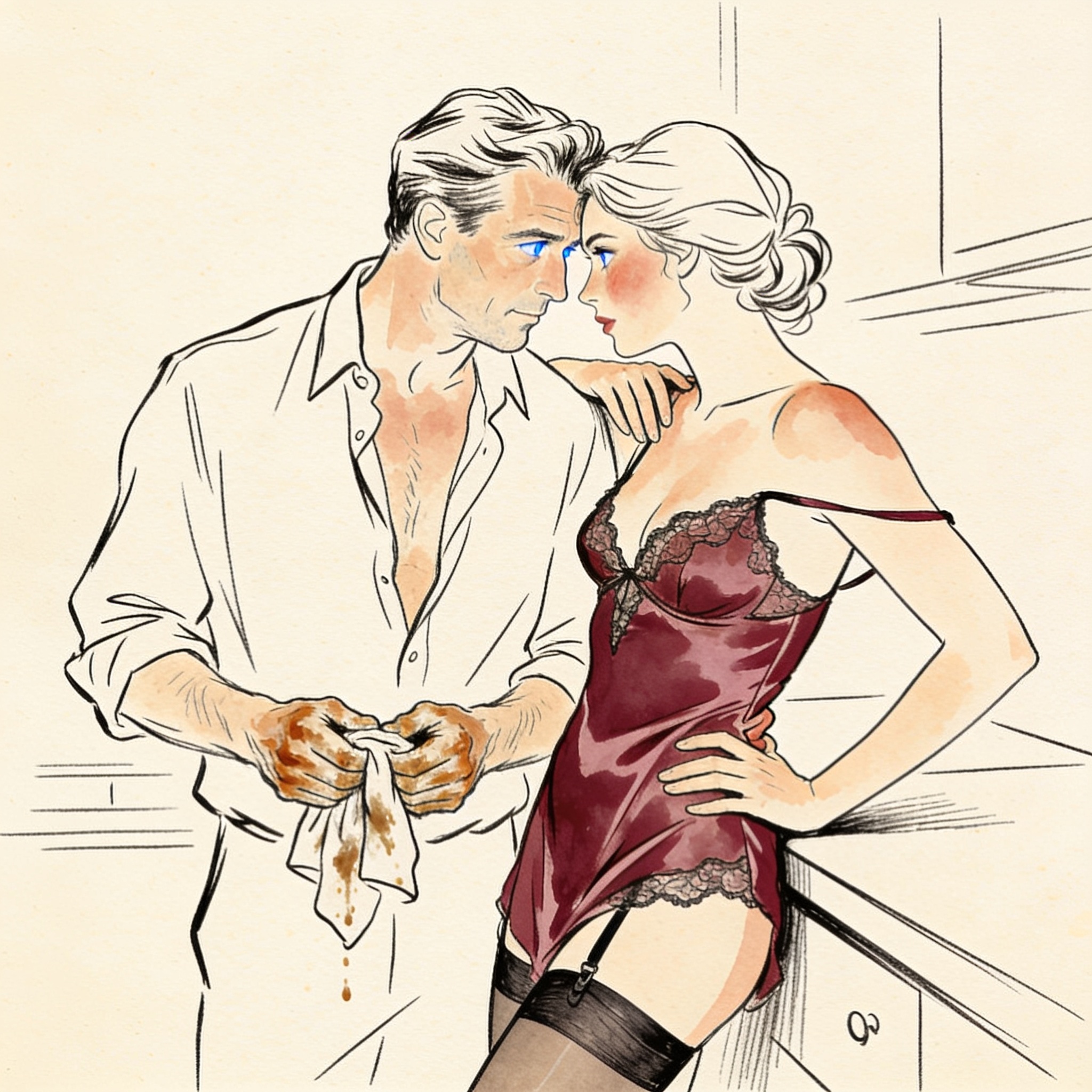A man and woman exchange a charged look in a kitchen, her lingerie strap fallen.