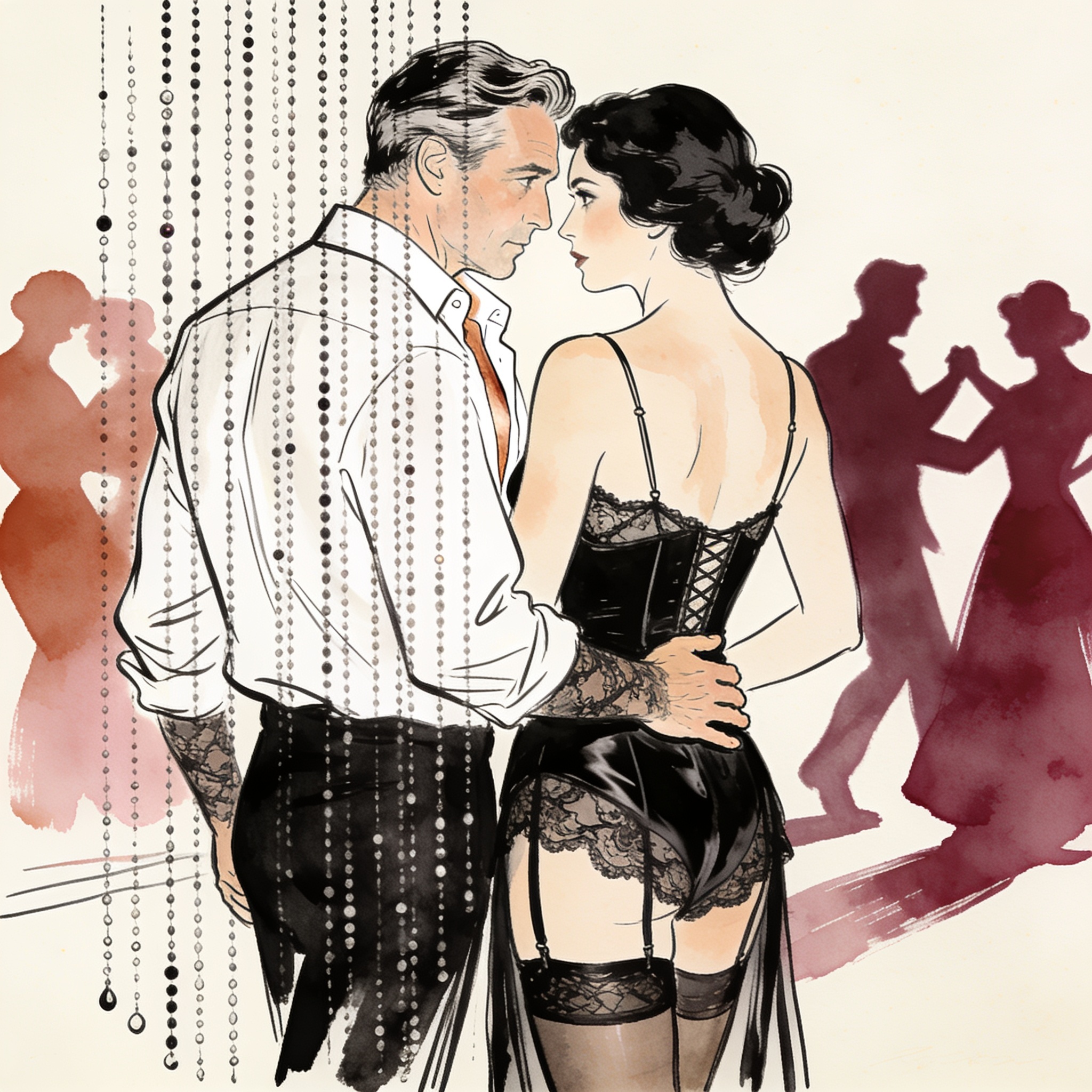 Couple intimately watching a dance floor from a velvet sofa, lit by a low lamp.