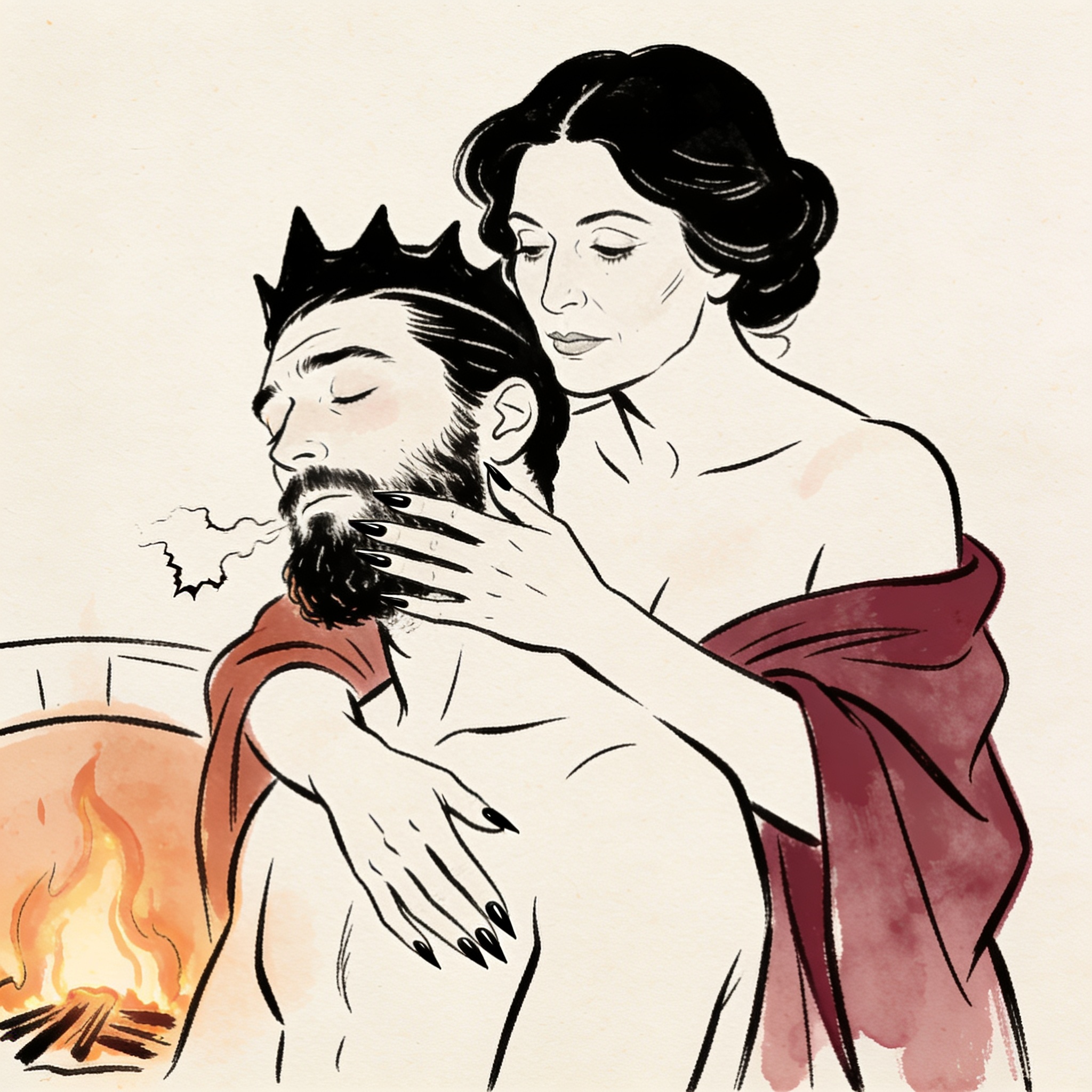 A woman traces a king's jaw, her body pressed close to his in the firelight.