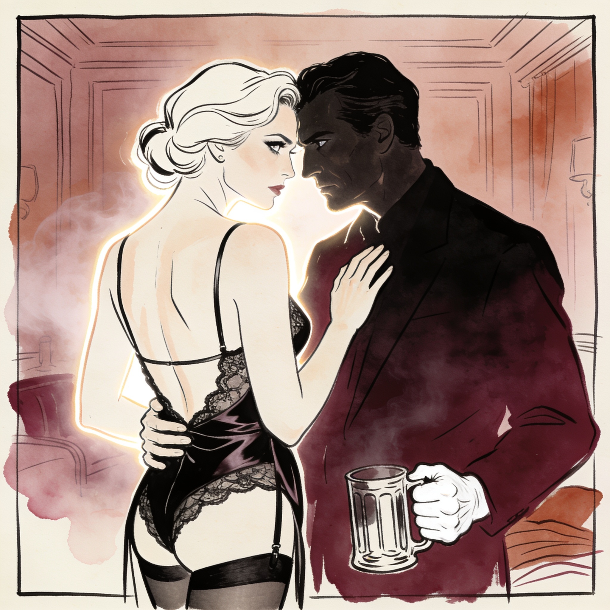 A woman in a backless gown shares a tense gaze with a man gripping his drink.