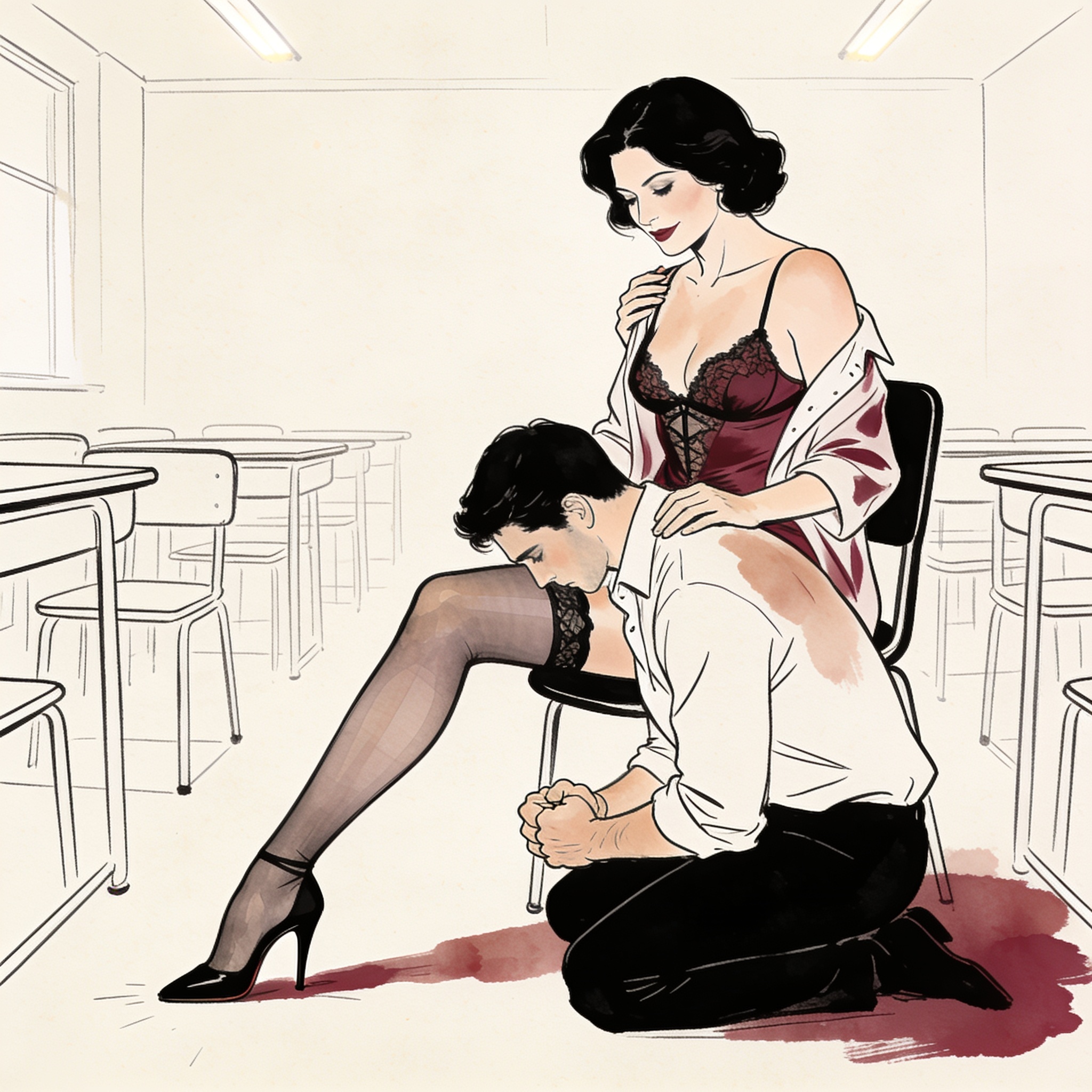 A woman in a classroom, her nylon-clad leg extended, a man kneeling before her.