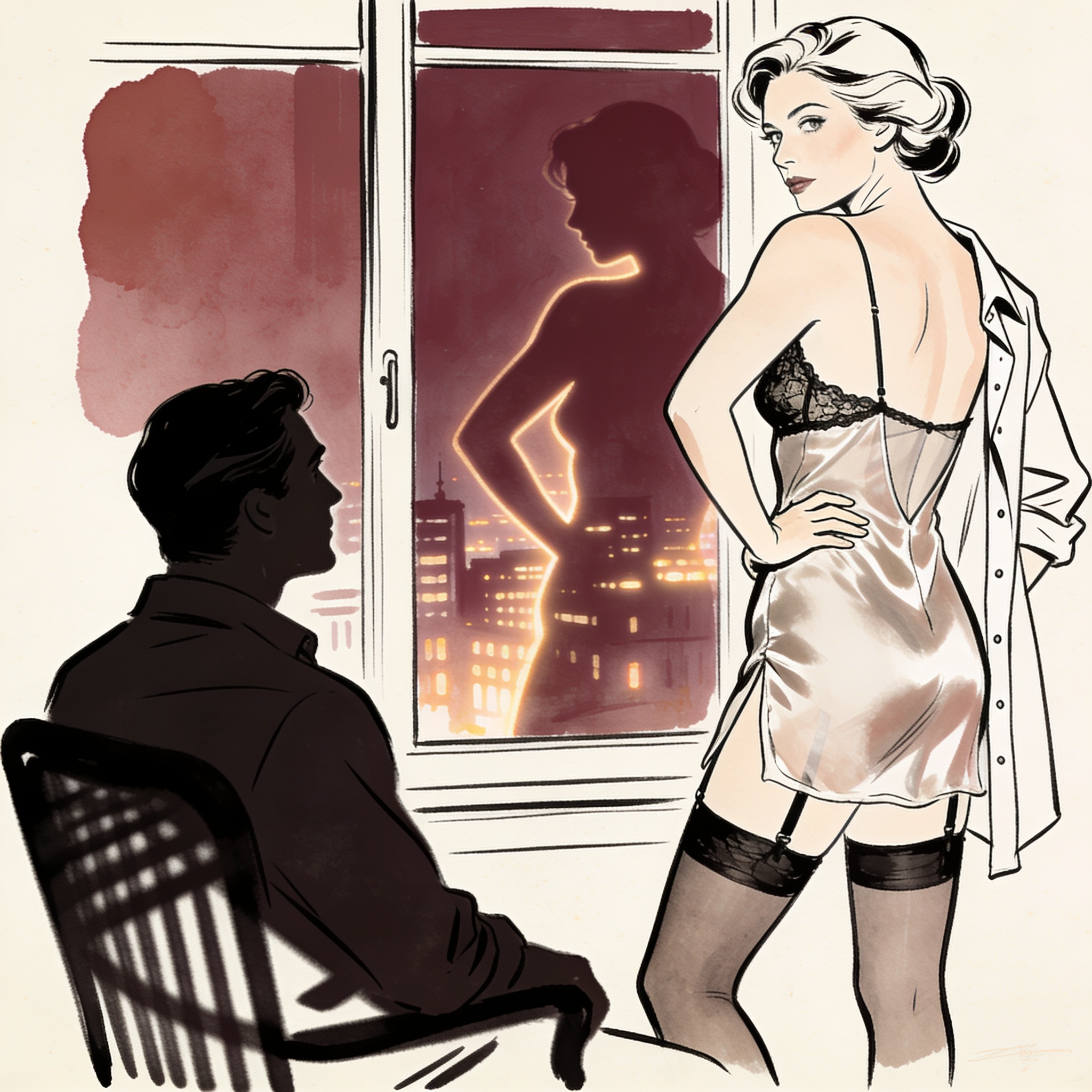Line art of a tense scene: a man watches a woman's silhouette in a sheer slip by a city...