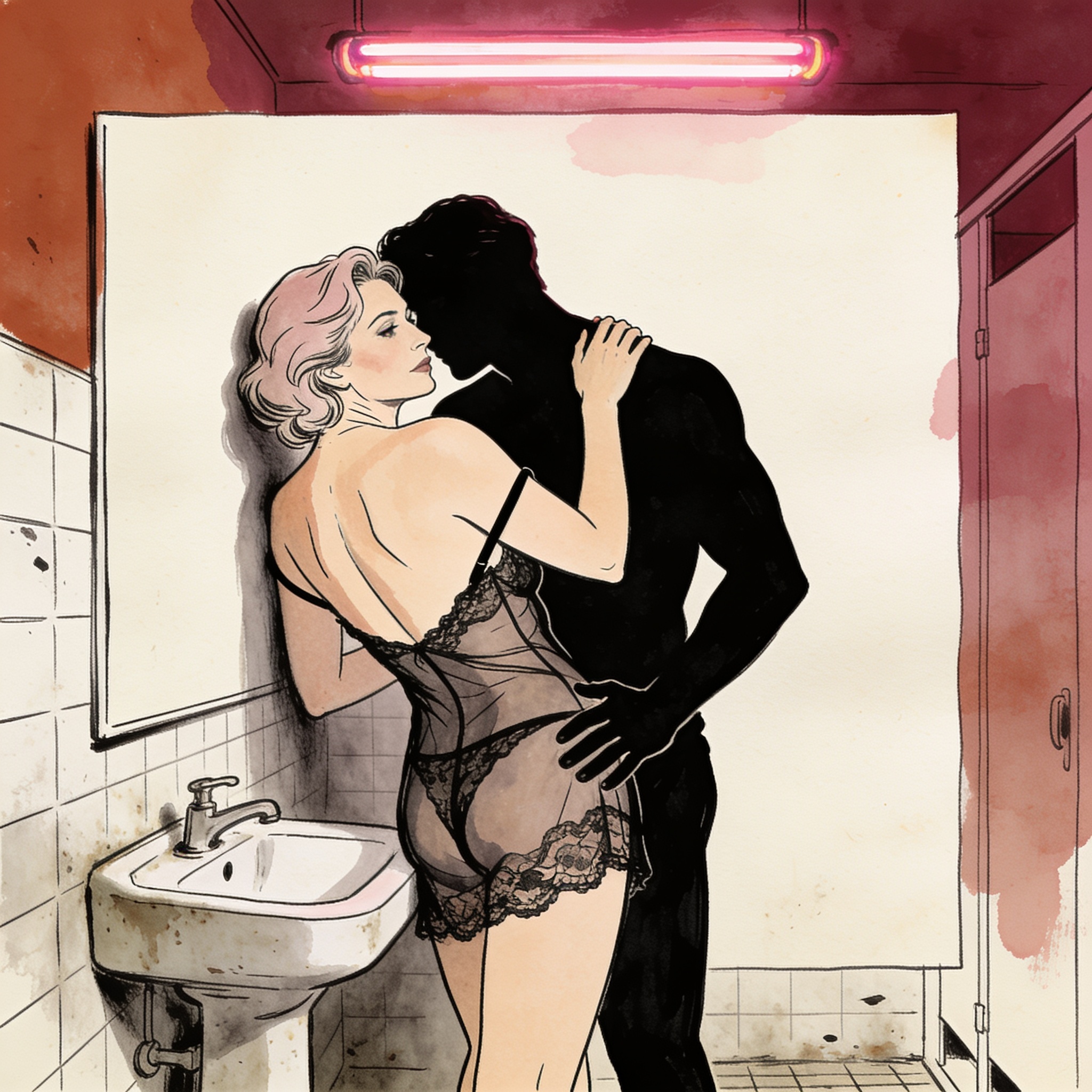A woman in lingerie leans into a man's touch in a restroom.