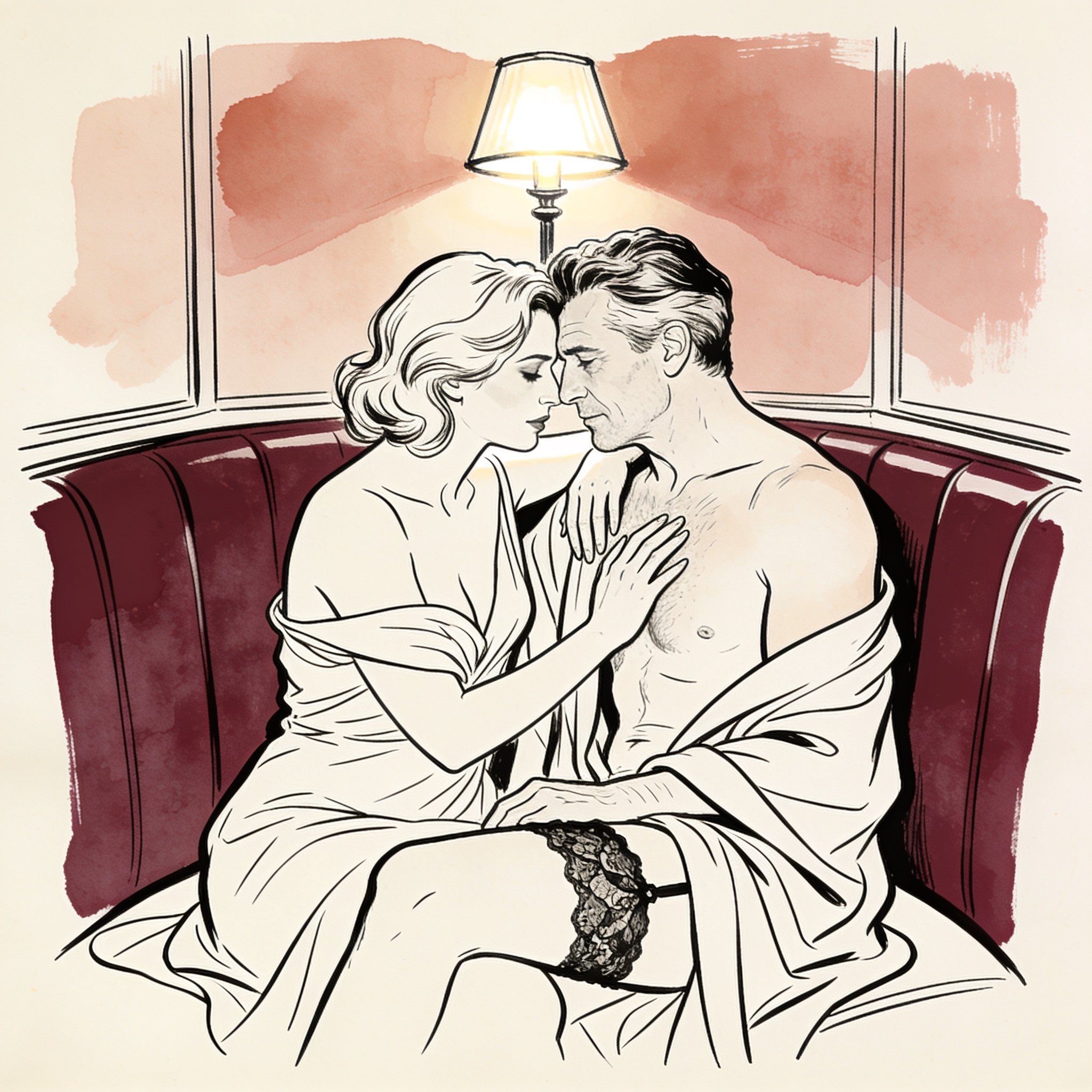 Couple in a nightclub booth, foreheads touching, with a glimpse of a lace garter.