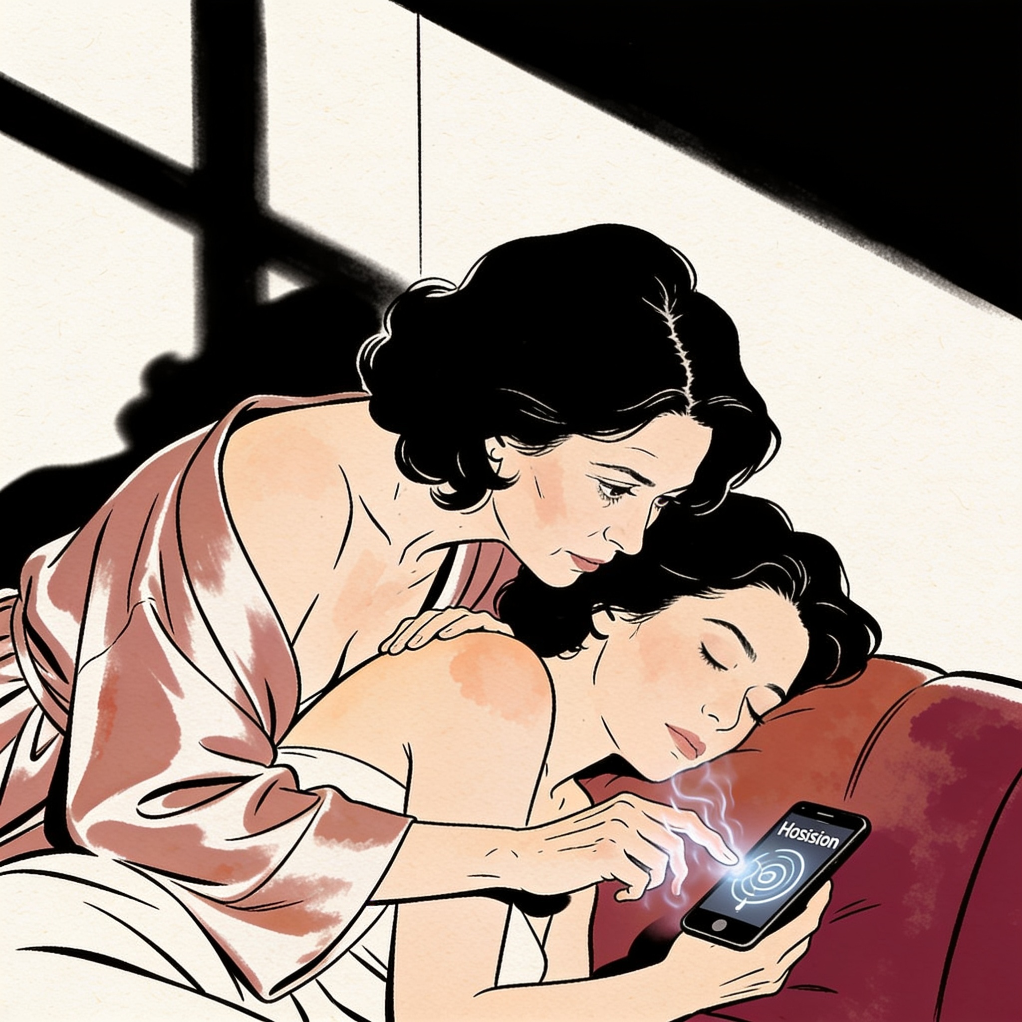 A woman watches her sleeping friend, her hand hovering over a hypnosis app on her phone.
