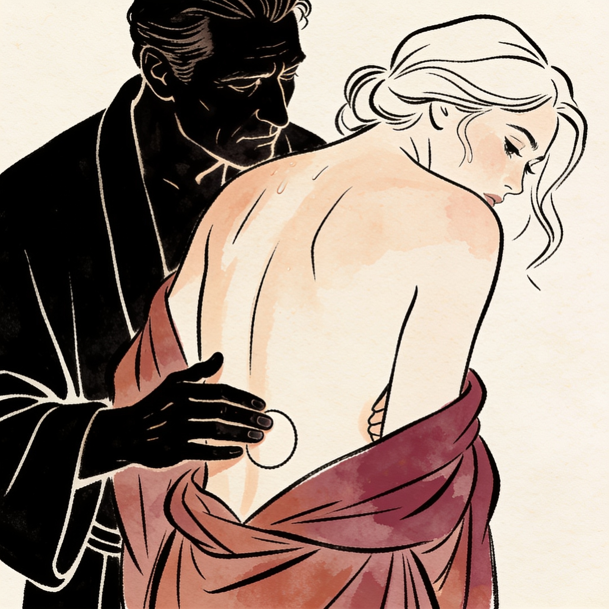 A woman arches her back as a man's oil-slick hand rests near her hip in a dimly lit spa.