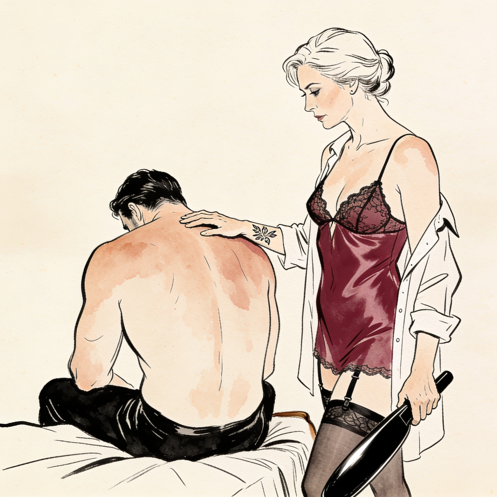 A tattooed woman stands over a seated, shirtless man in a sparse bedroom.