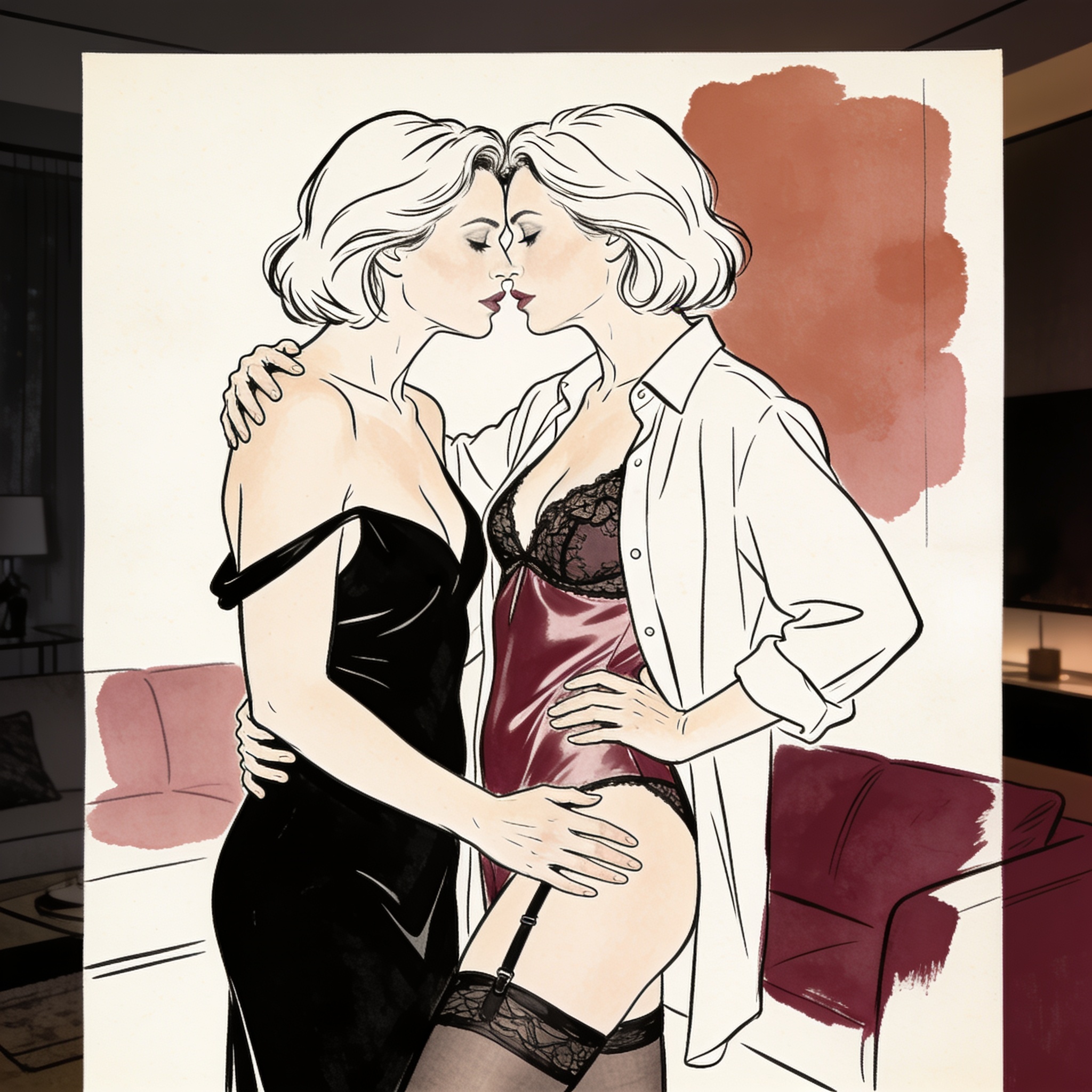 Two women close, a dress strap slipping, a longing gaze in a dim modern apartment.