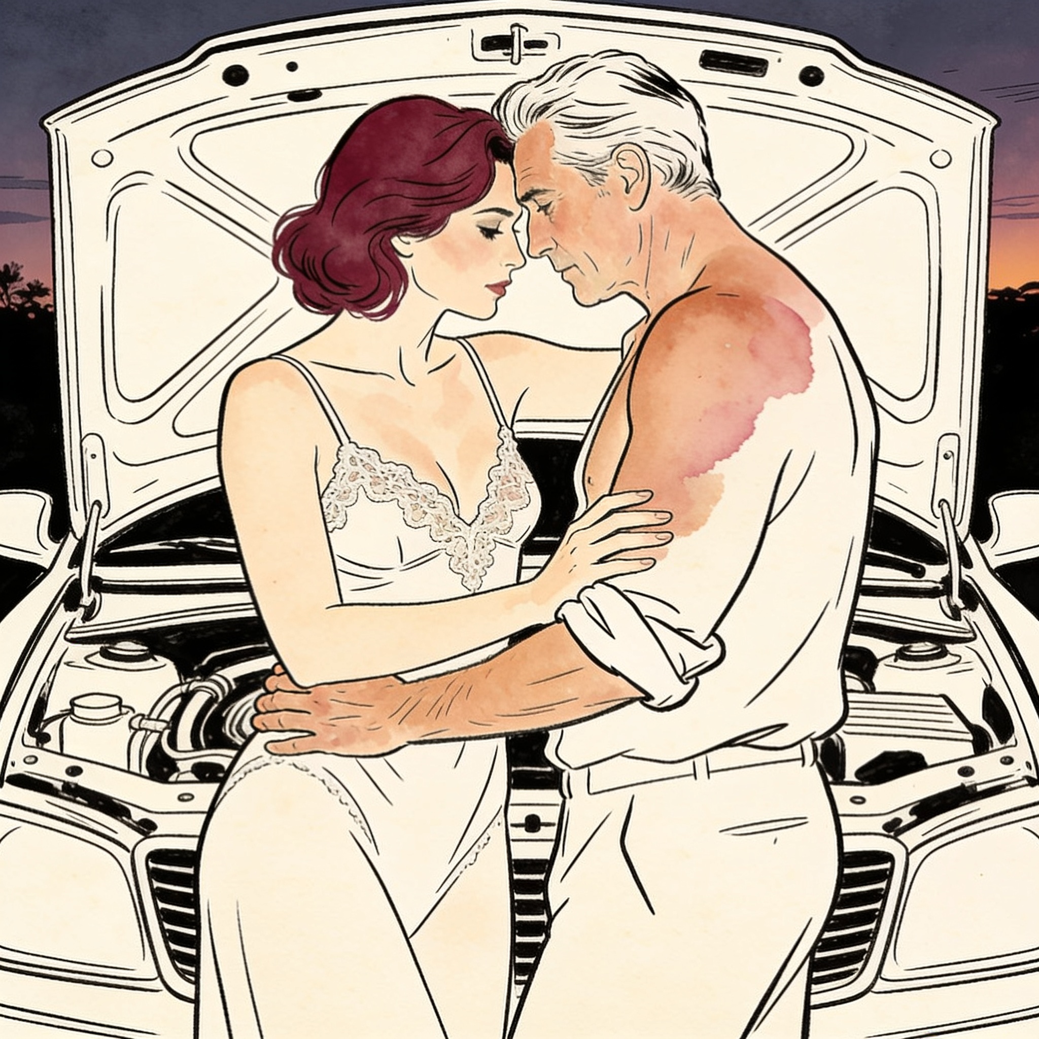 A man and woman in intimate proximity, leaning together over a car engine at twilight.