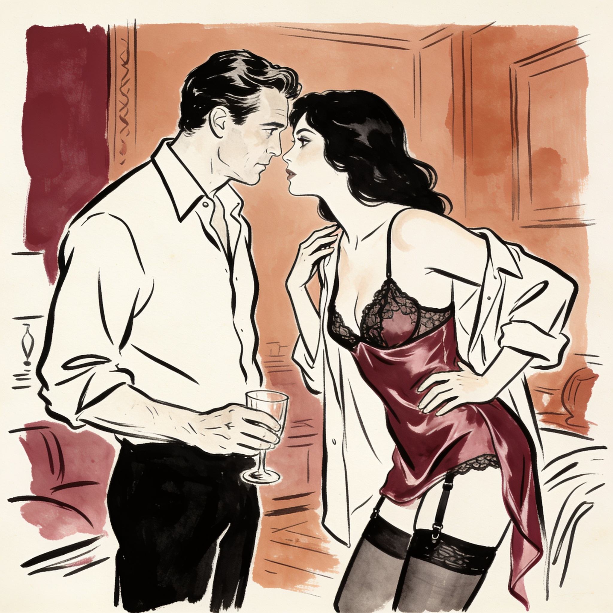 A man and a woman share a tense, intimate moment in a warmly lit living room.