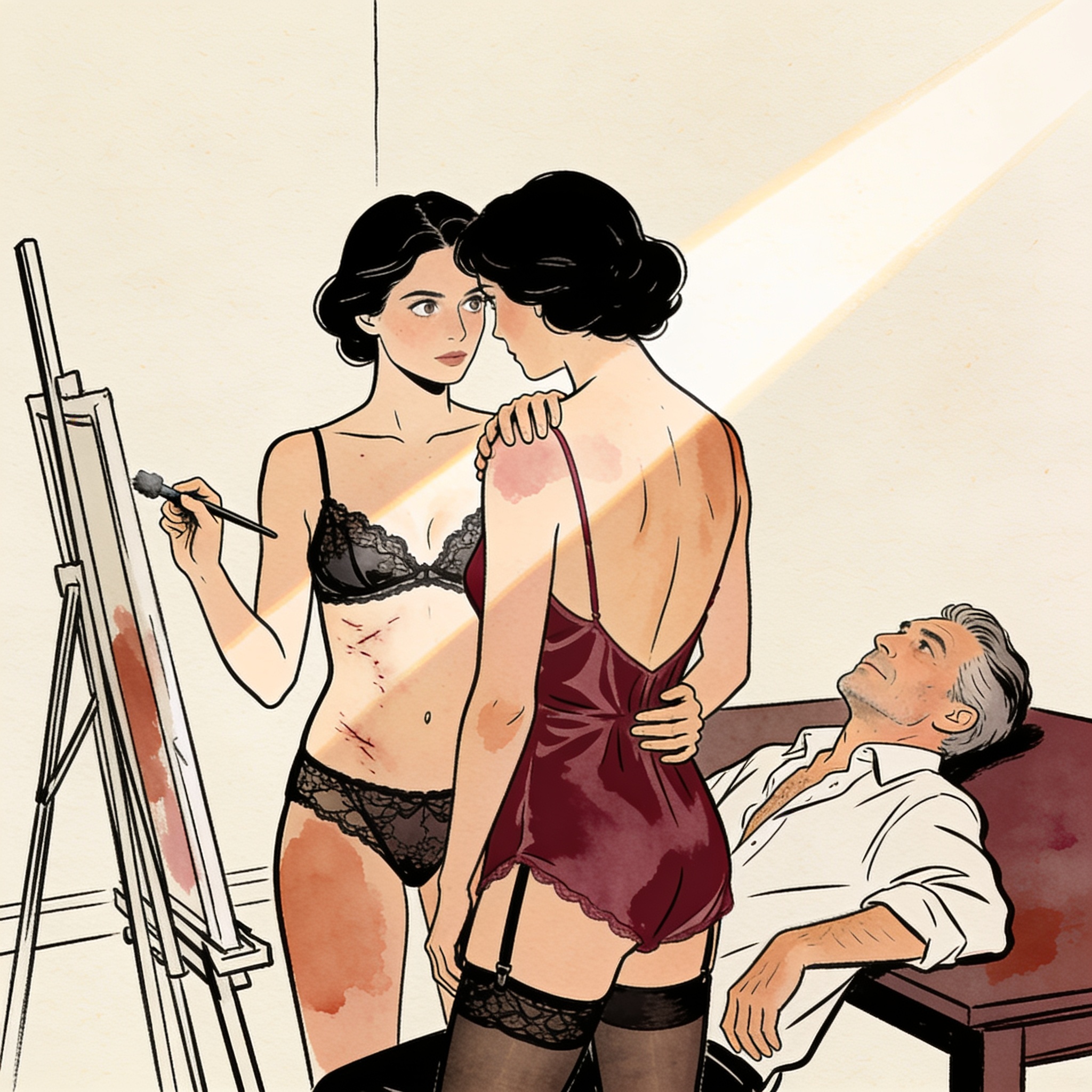 An art student frozen, gazing at a confident, scarred model in a sunlit studio.