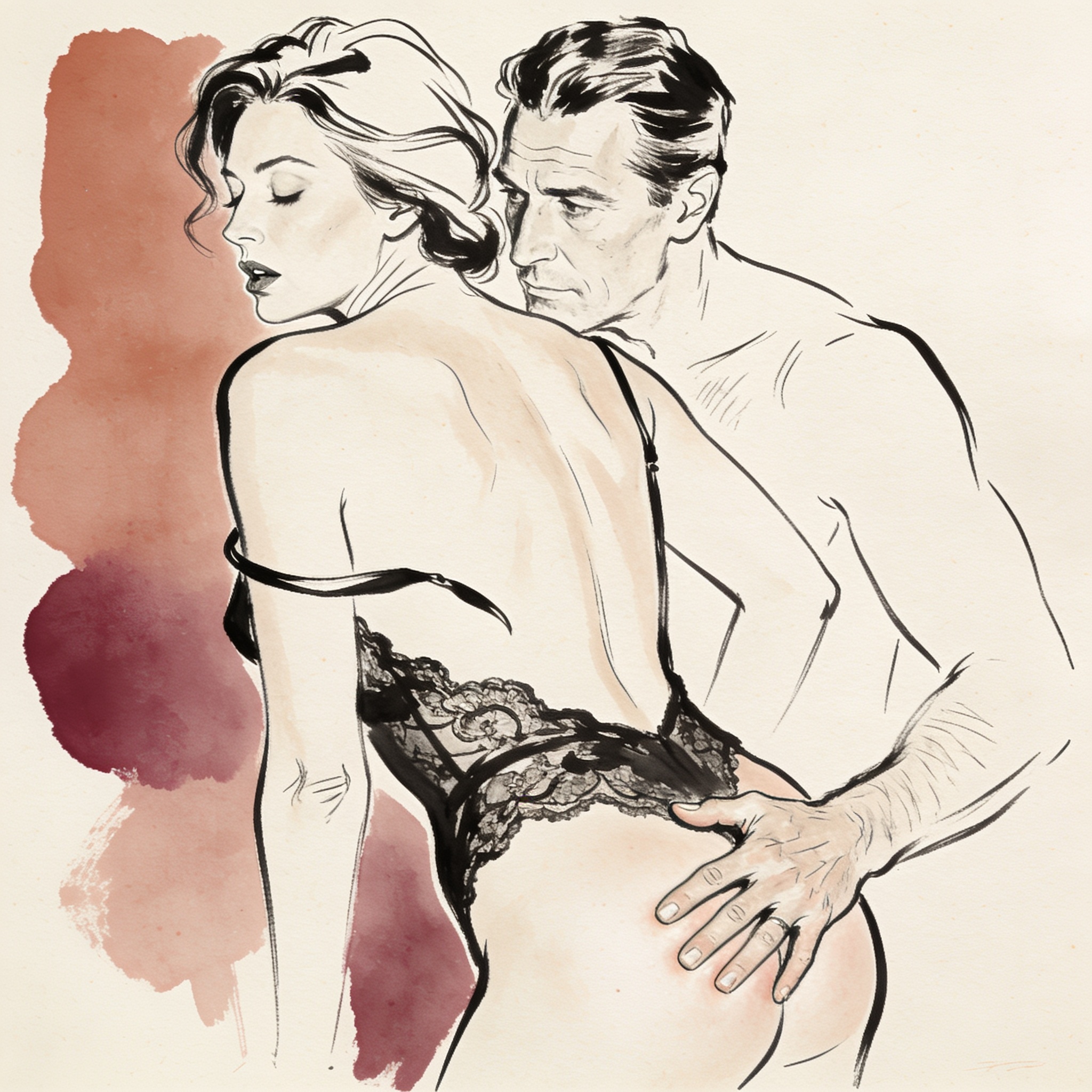 A couple in bed; his hand on her hip as she arches in pleasure.