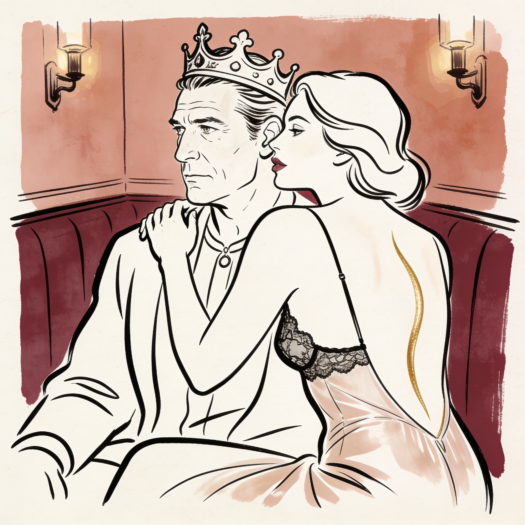 A woman in a sheer gown leans close to a man, her hand on his shoulder as he looks away.