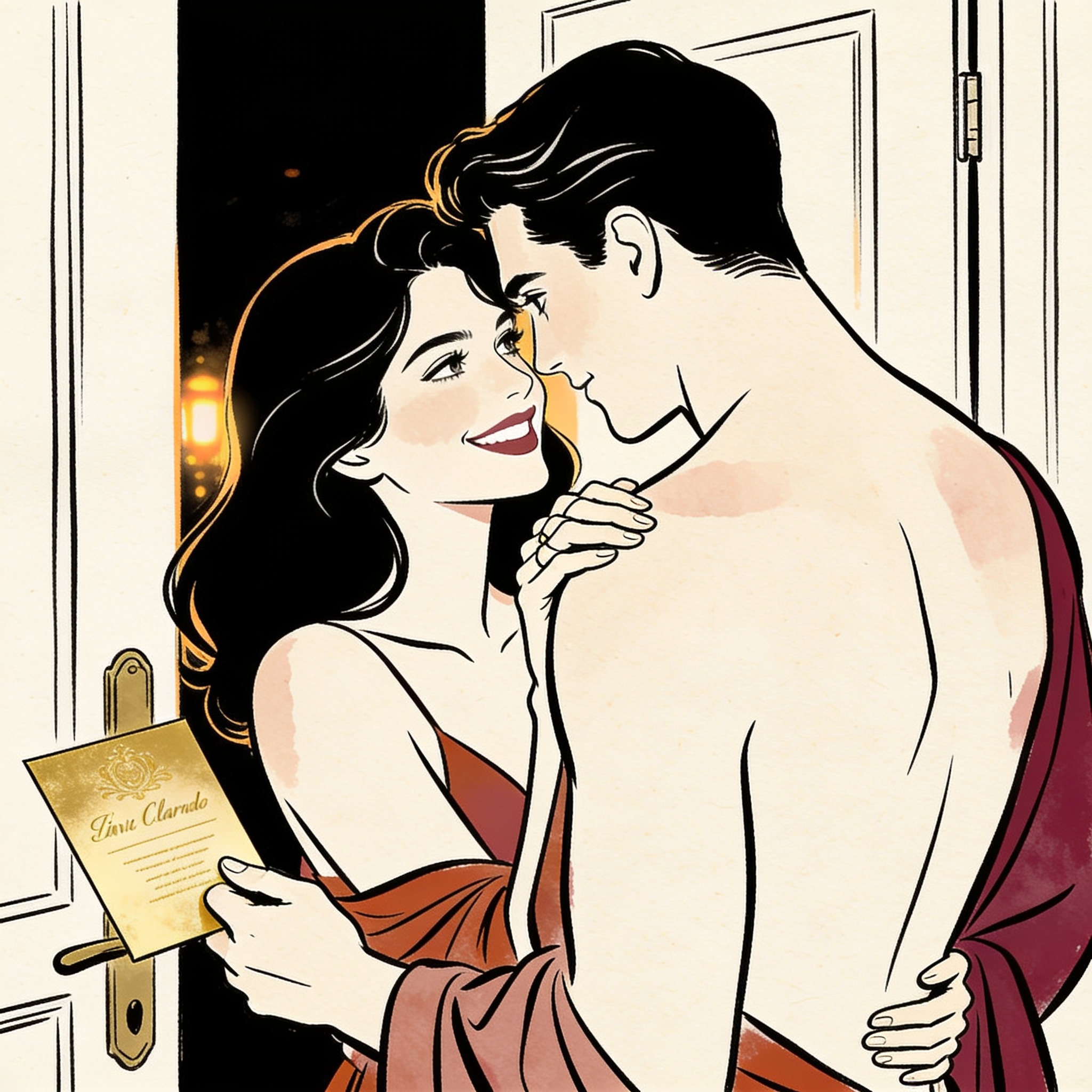 A young couple shares an intimate moment, fingers entwined, holding a fancy invitation.