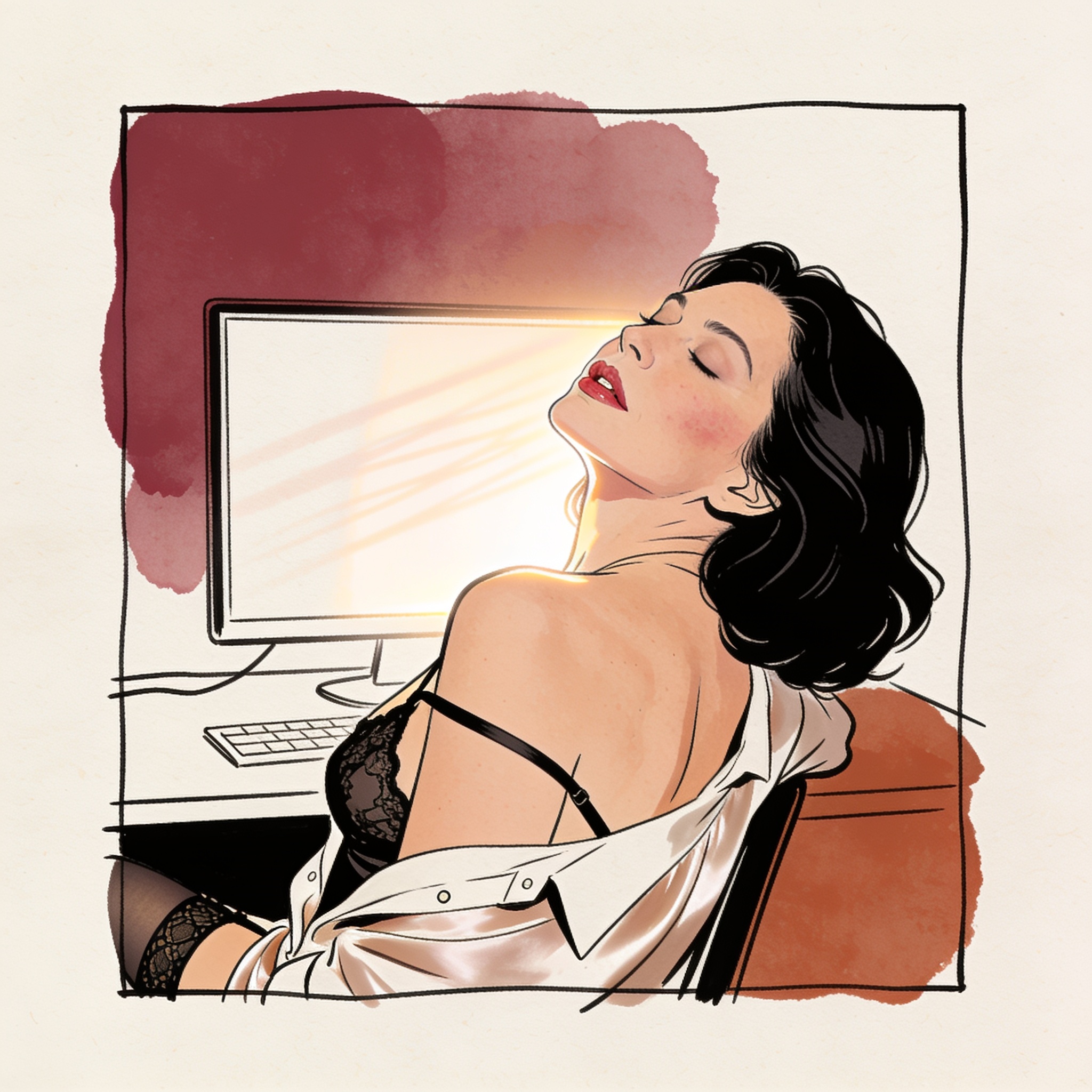 A woman in a camisole is lit by her computer's glow, a shy, knowing smile on her lips.