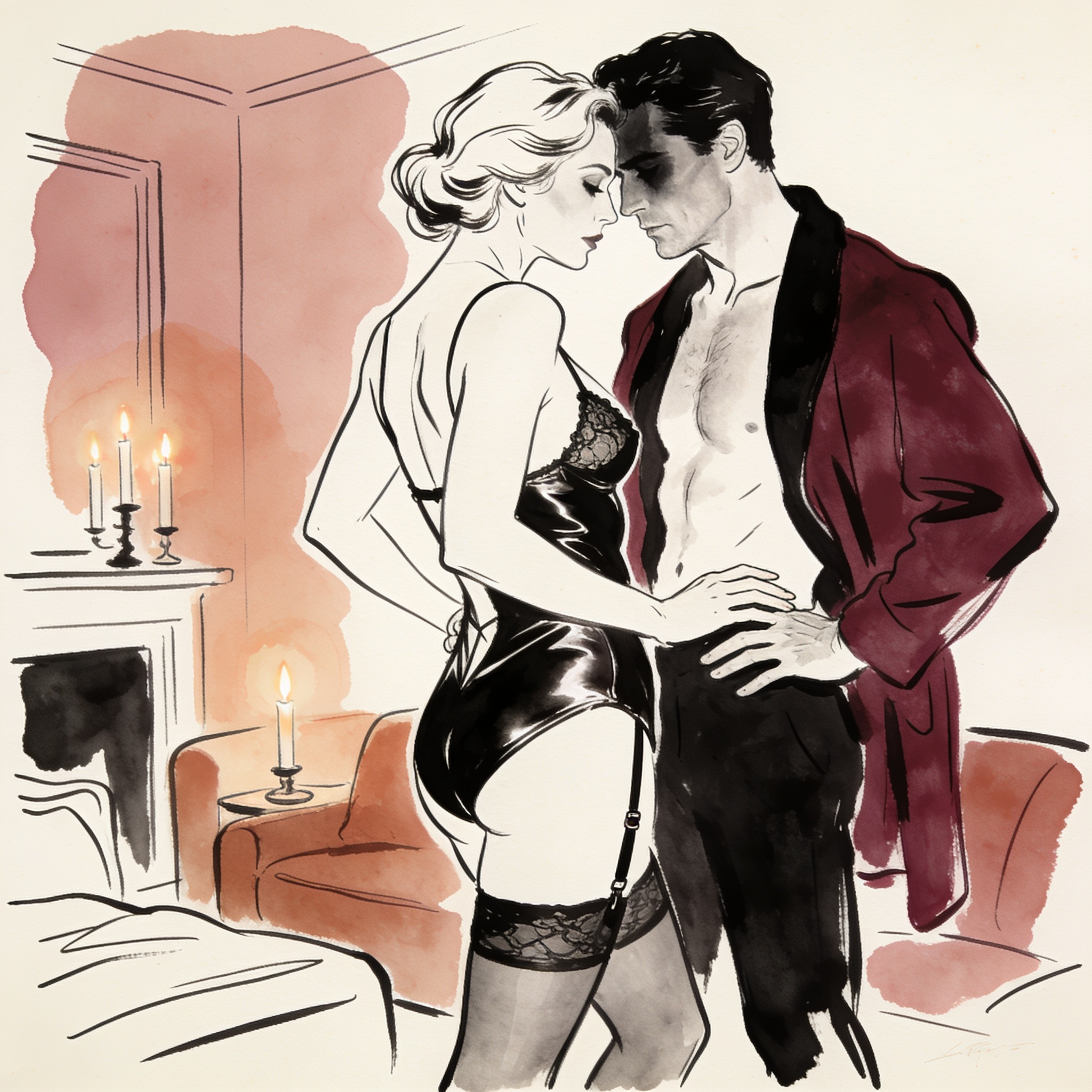 Woman in leather lingerie turns slowly in candlelight while a man watches, captivated.