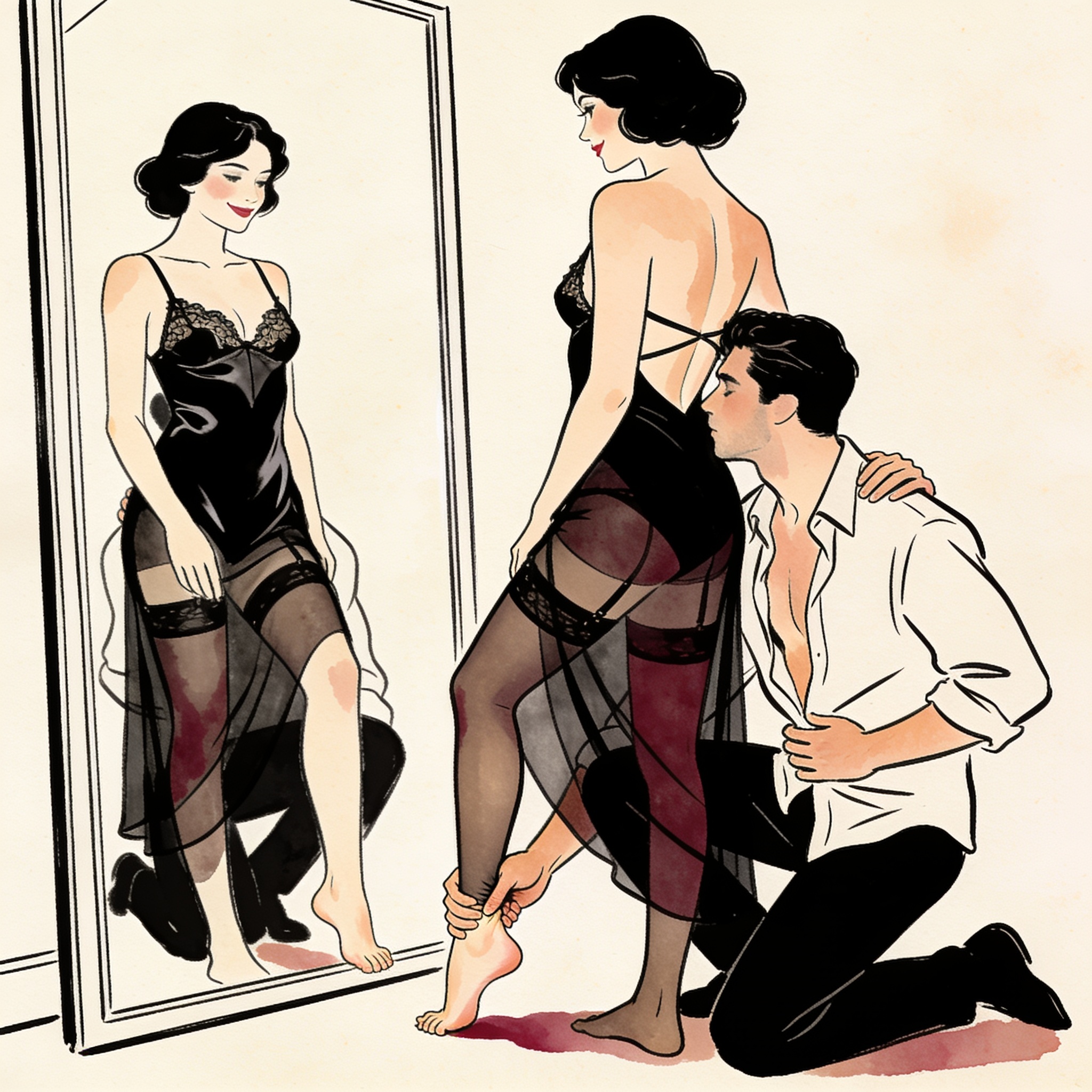 He kisses her foot while she looks at herself in a sheer dress in the mirror.