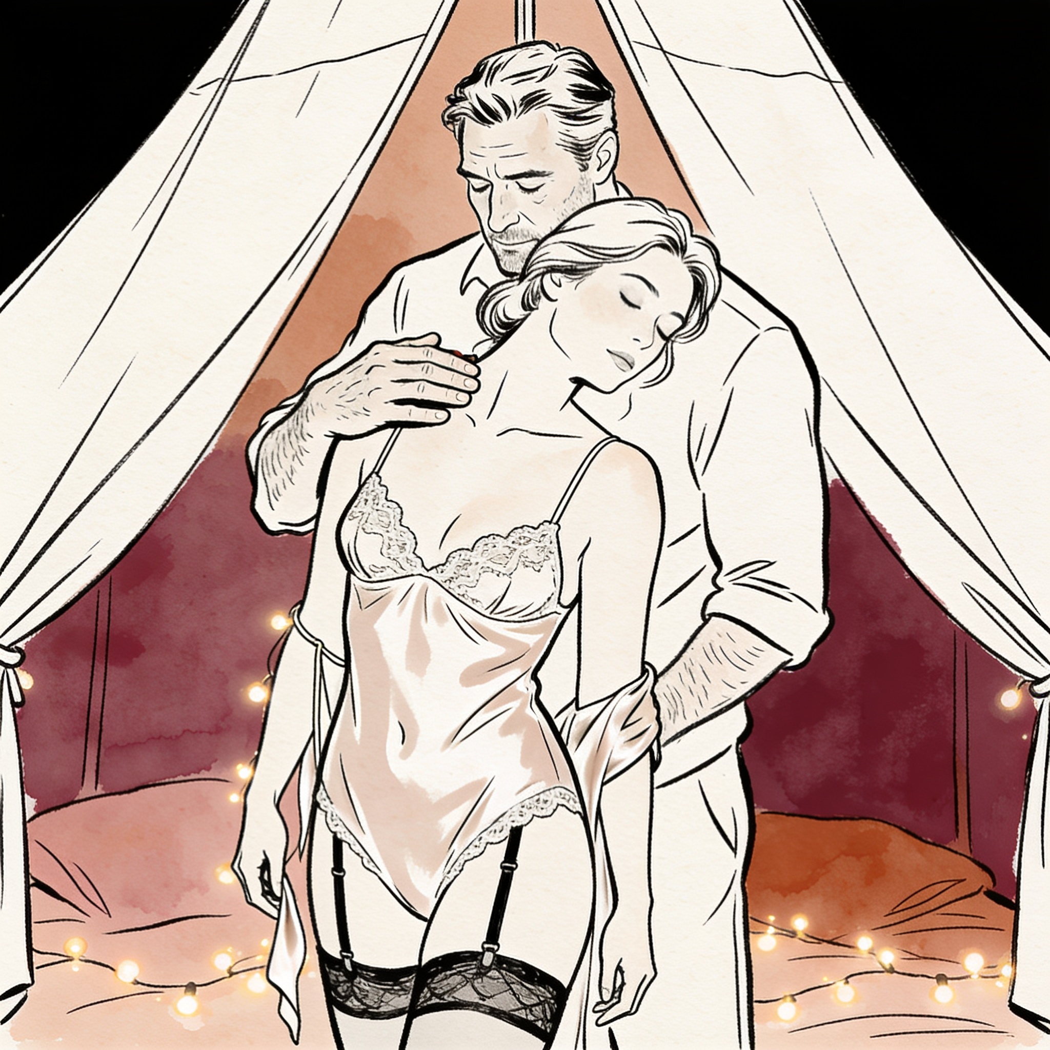 A couple in an embrace inside a softly lit tent, her silk slip strap fallen.