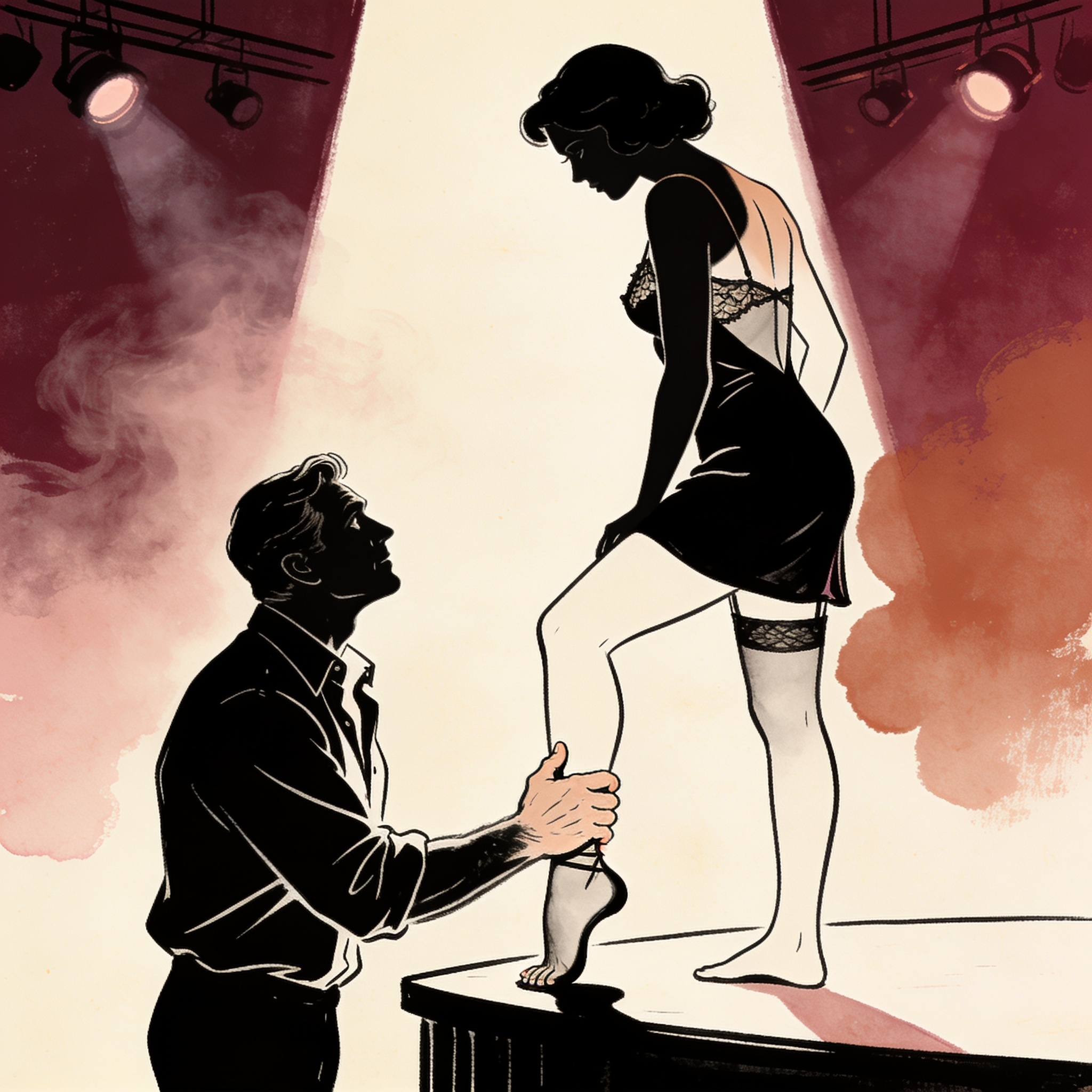 Line art of a man's hand gripping a woman's ankle from below a stage, a moment of tense...