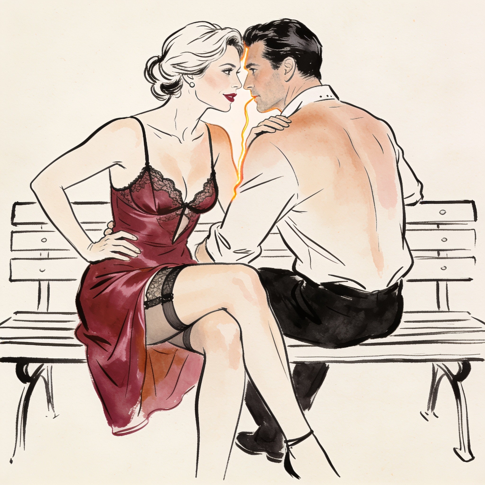 Line art of a man and woman on a park bench, tension in the space between them.