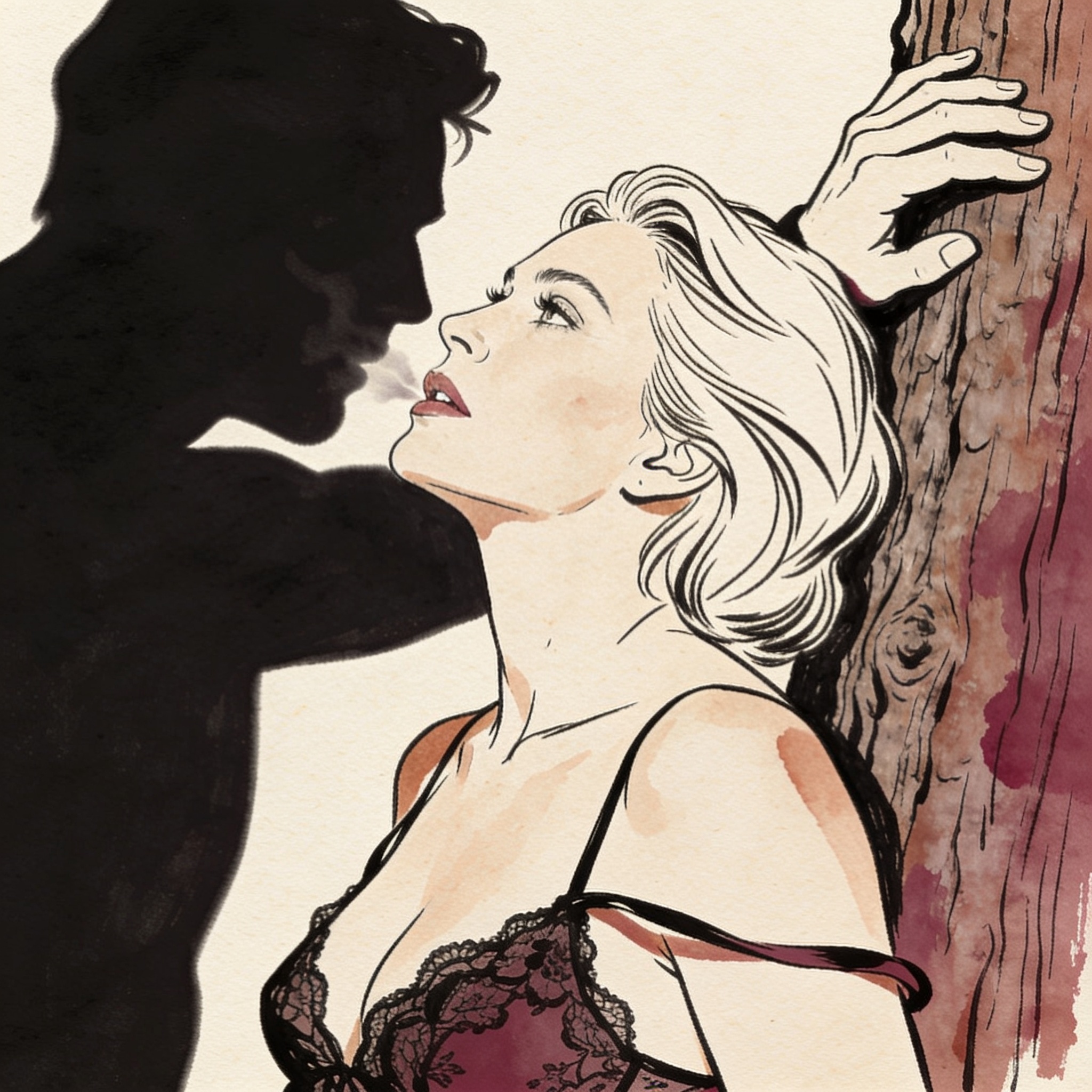 A man's shadow falls over a woman against a tree, their faces close in a tense, intimat...