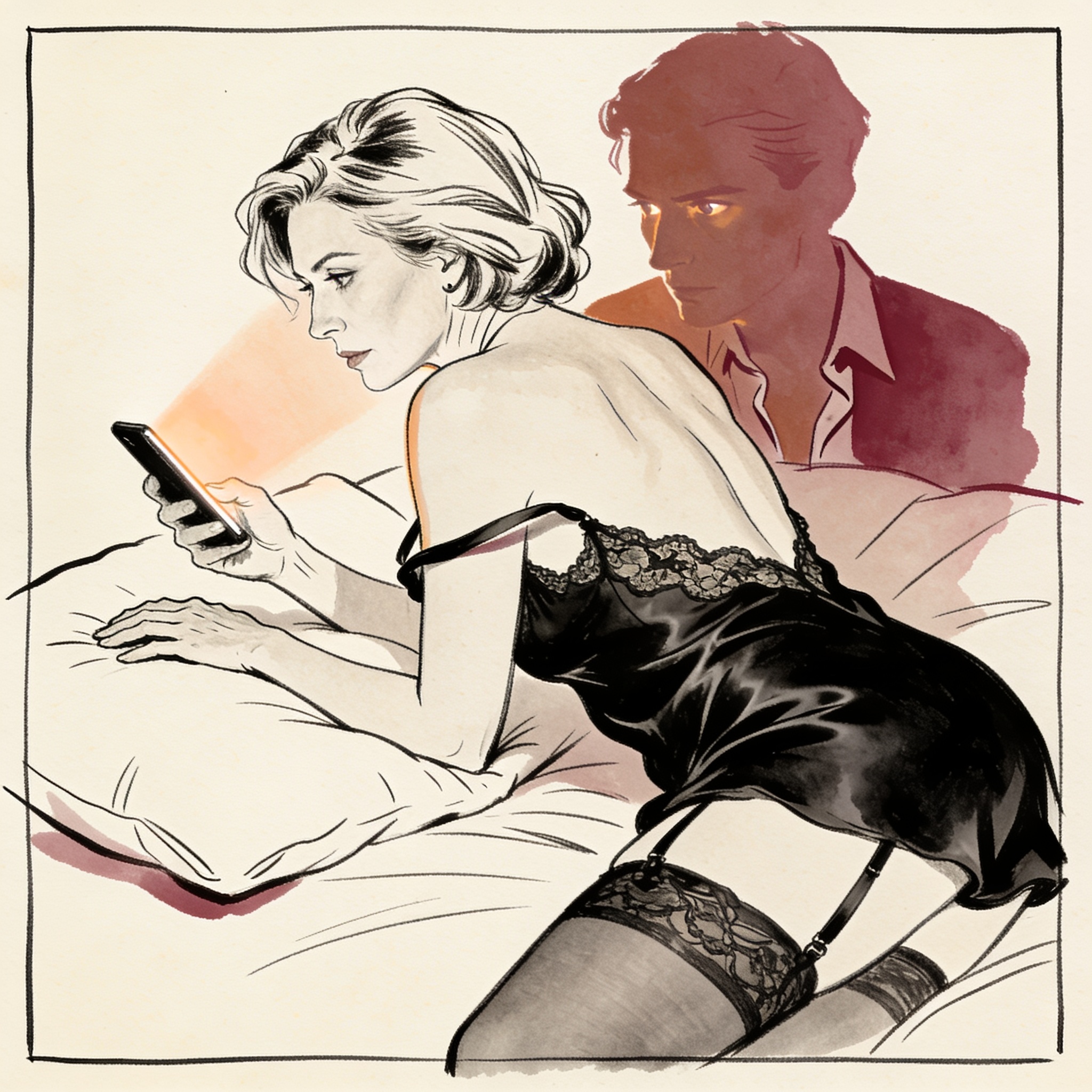 Woman in lace camisole touches an empty pillow, phone in hand, under soft bedroom light.