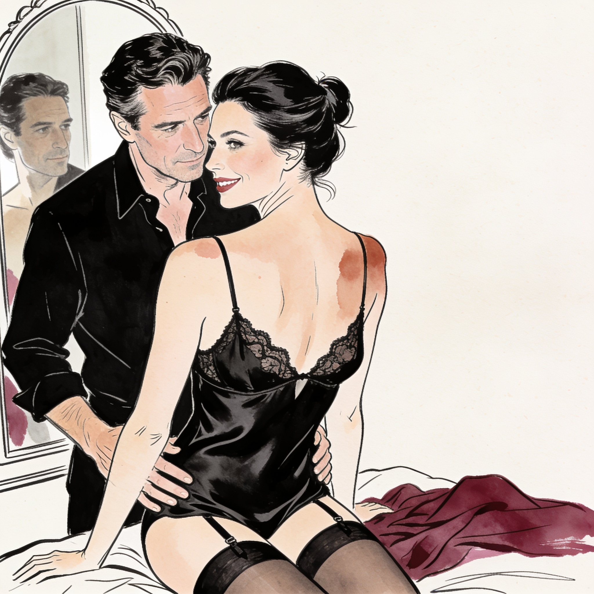 A couple stands before a mirror; the woman in a lace bra, the man behind her, their gaz...