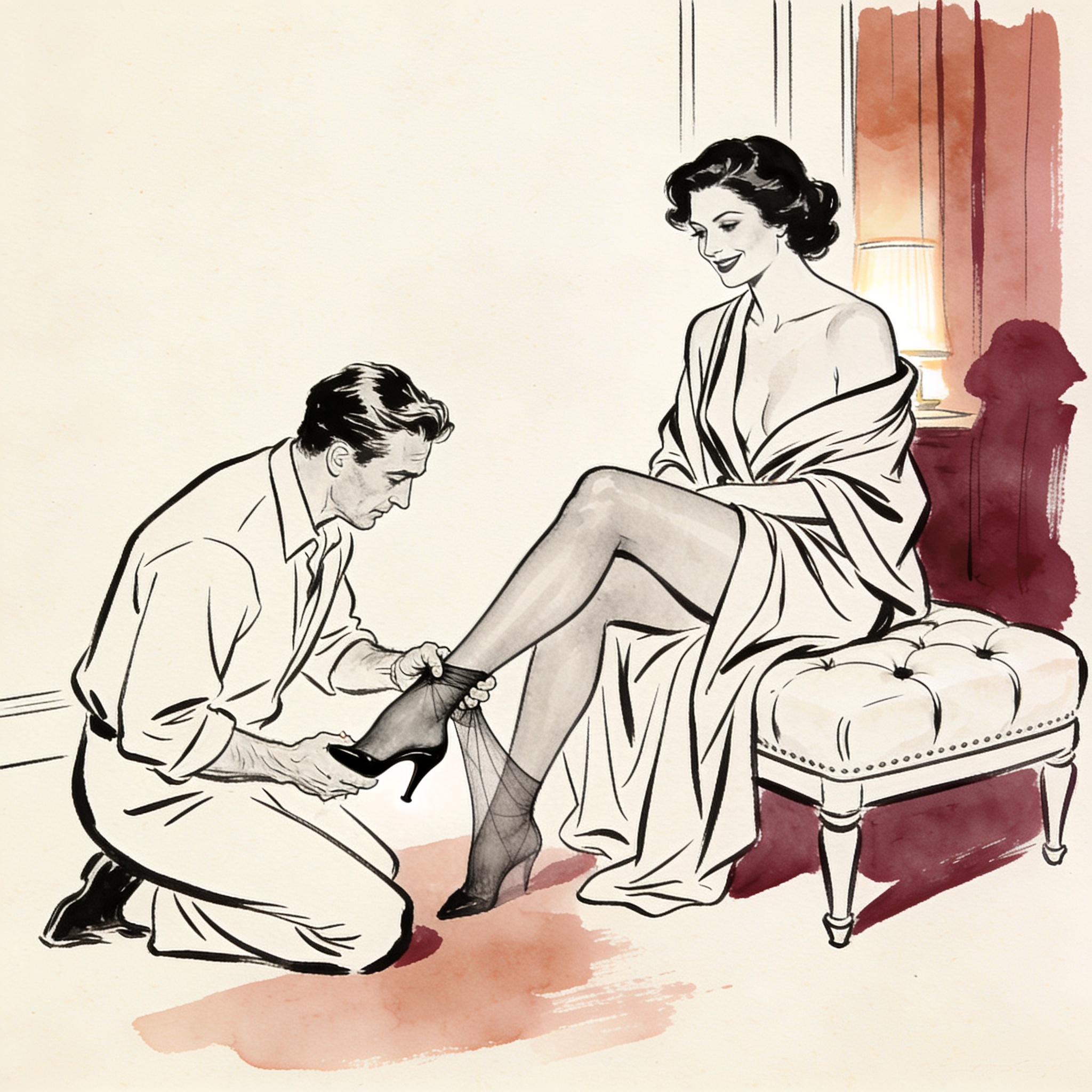 A man kneeling, pulling a stocking up a woman's extended leg in a luxurious bedroom.