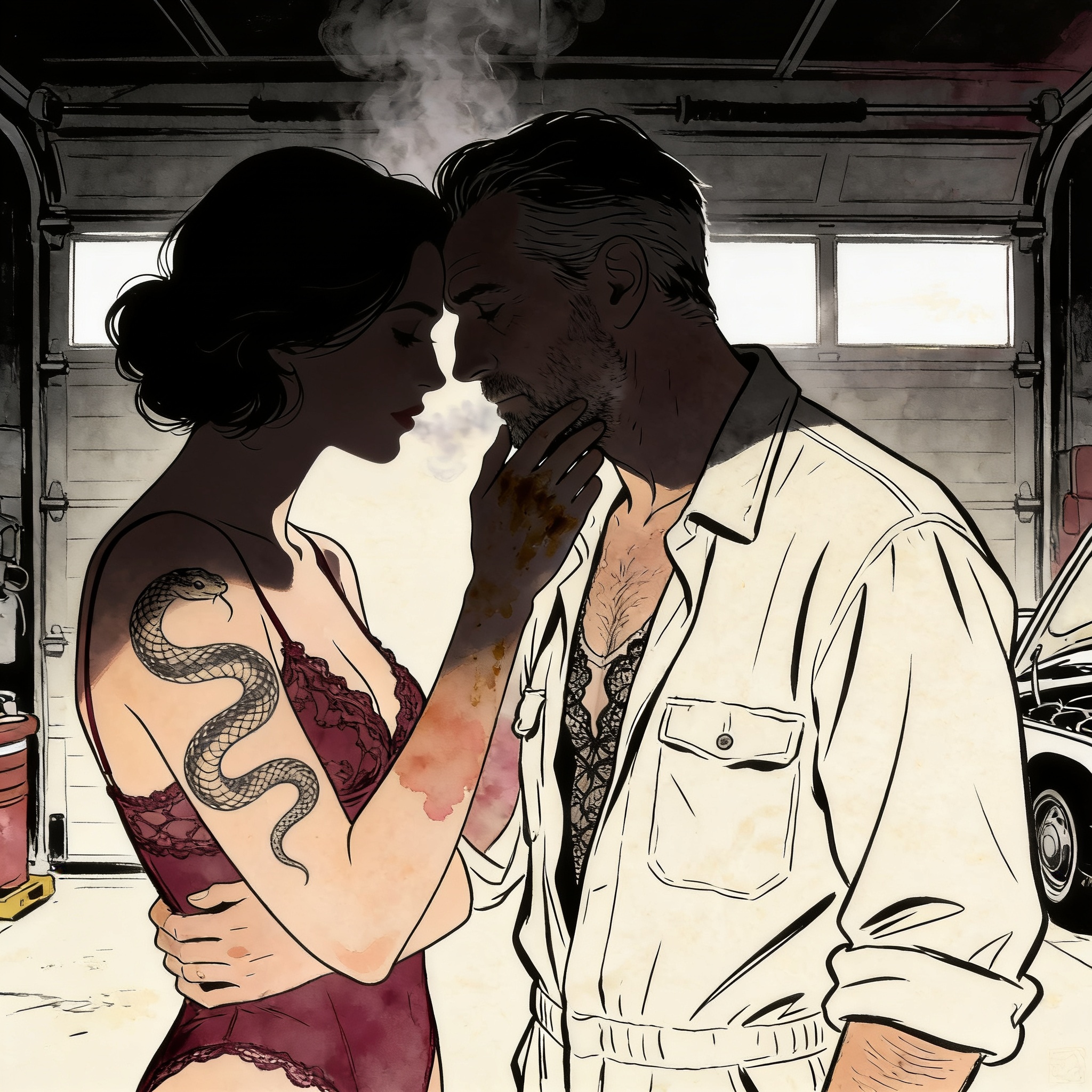 A tense, intimate moment between two people in a dim garage, foreheads touching.