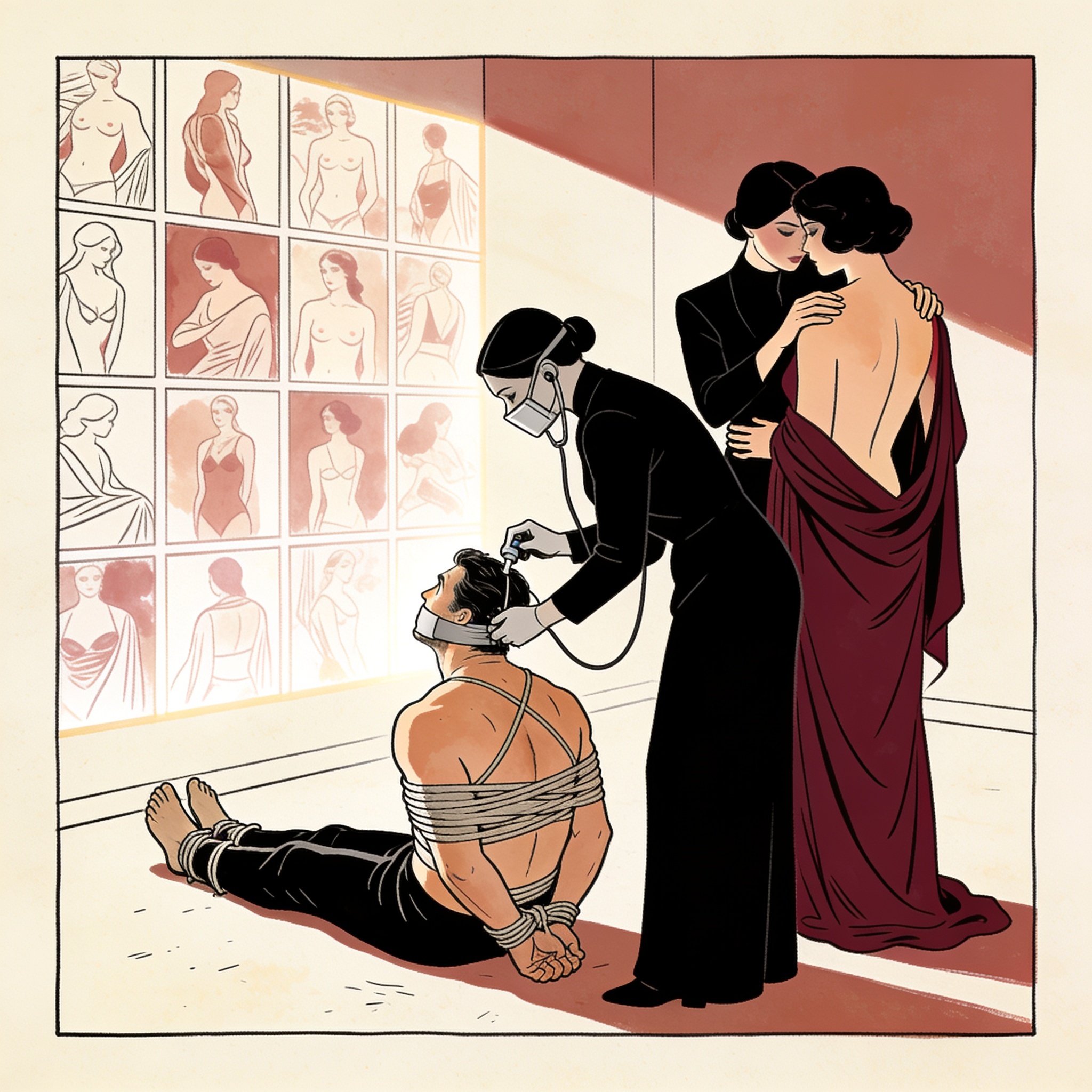 A bound man gazes at a lit image wall while two authoritative women clinically observe ...