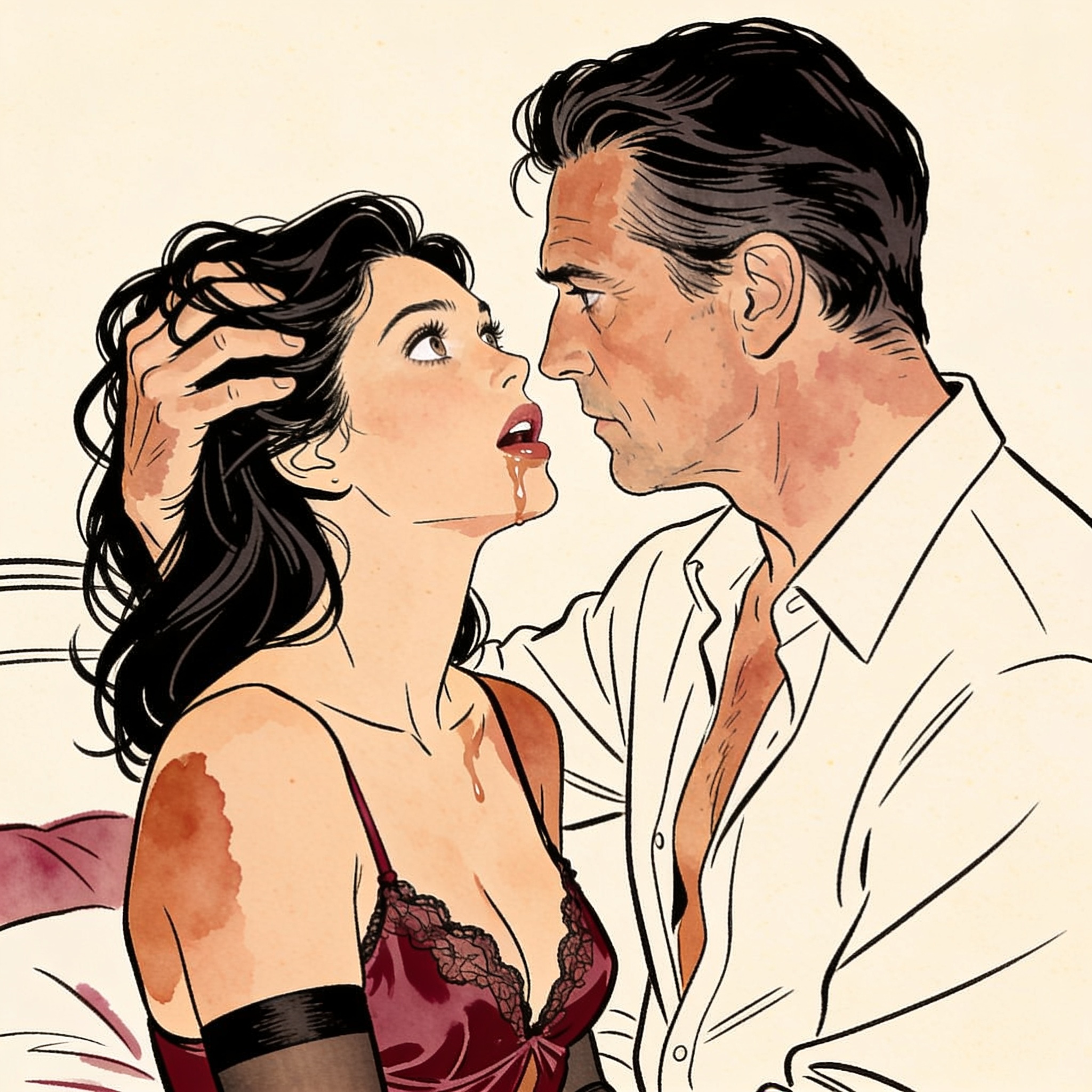 A charged moment: a man holds a woman's face close, her lips wet, in a dark room.