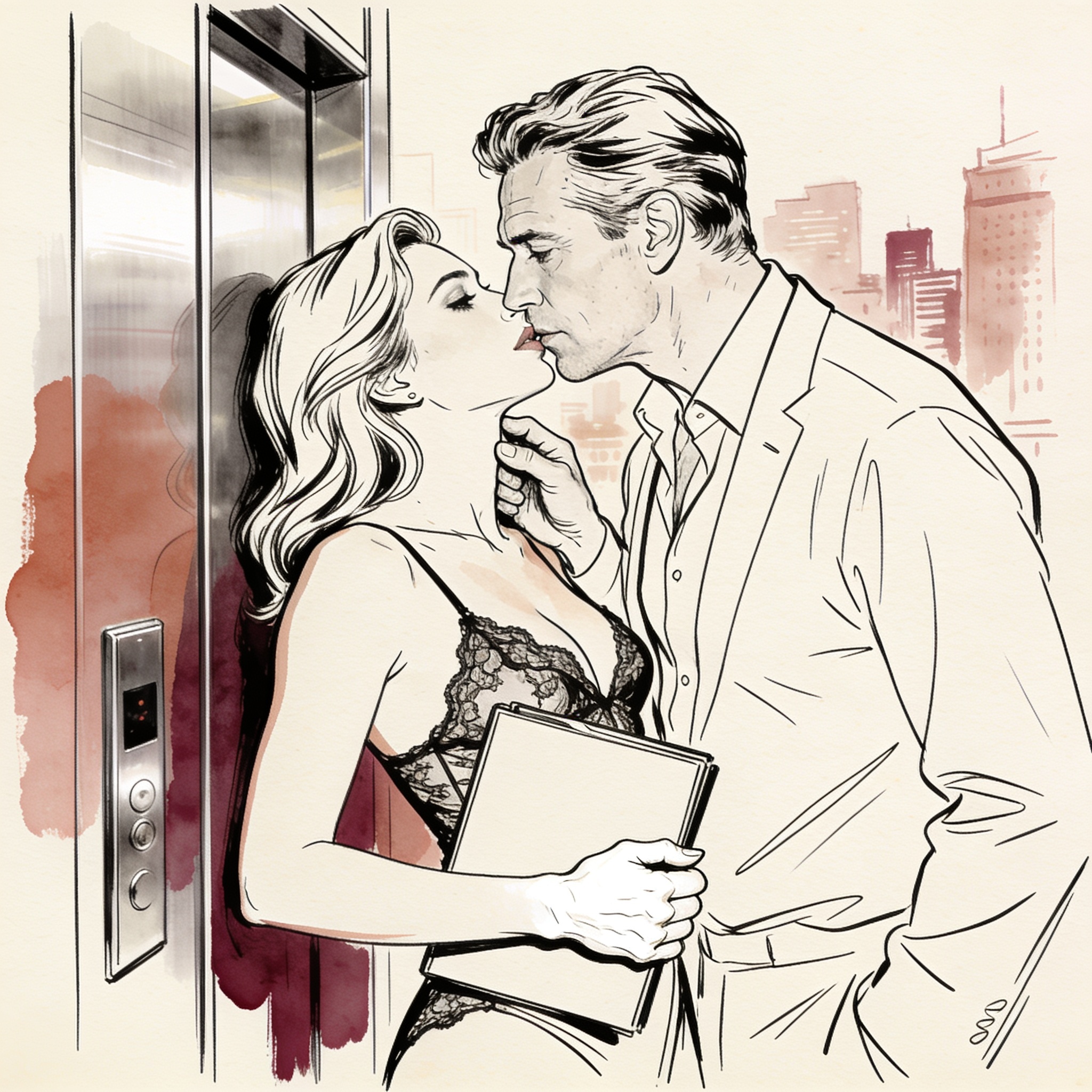 Woman in lace camisole in elevator, man's hand near her neck, intense eye contact.