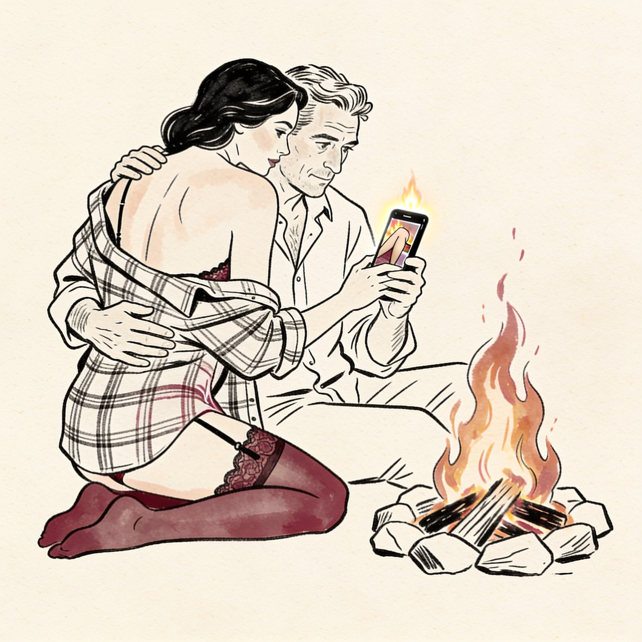 Woman leans against her husband while texting a man across a campfire.
