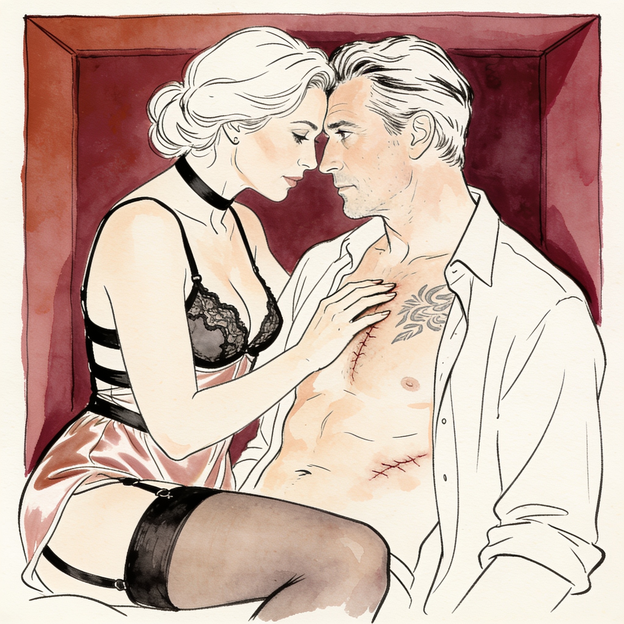 A woman in a harness traces a scar on a man's chest in dim red light.