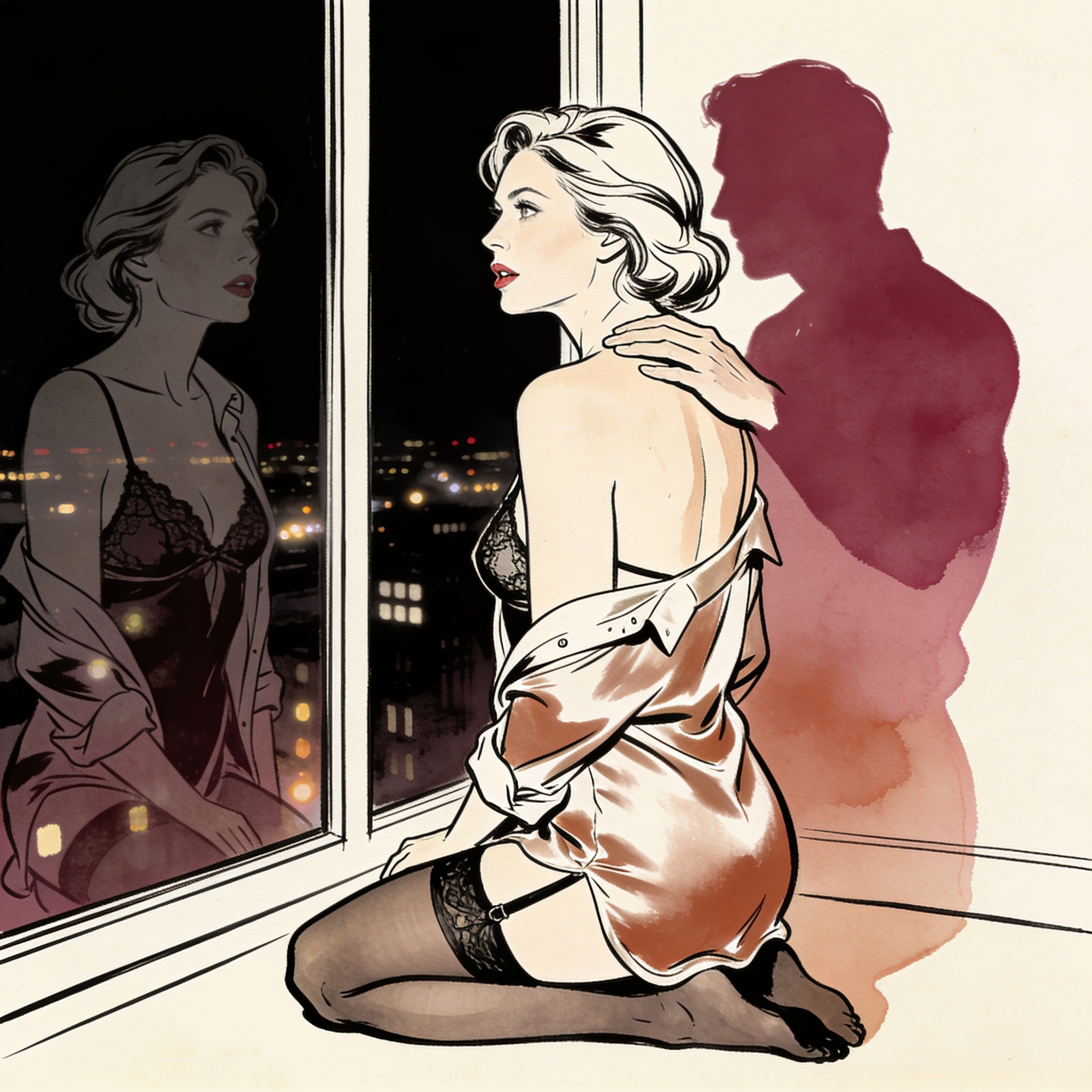 Silhouette of a man standing behind a kneeling woman in lingerie at a hotel window.