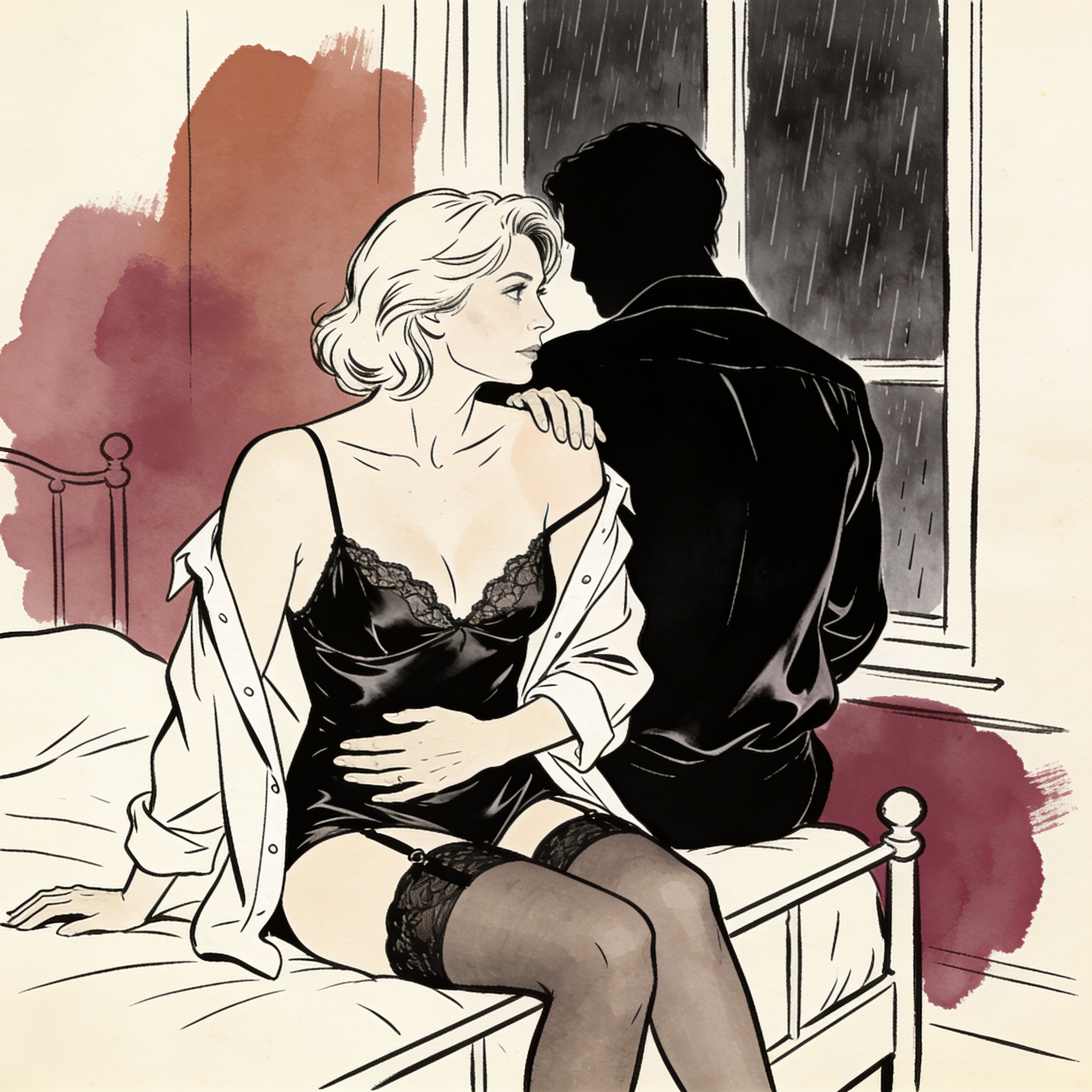 A woman touches her stomach, her gaze on a man's turned back against a rainy window.