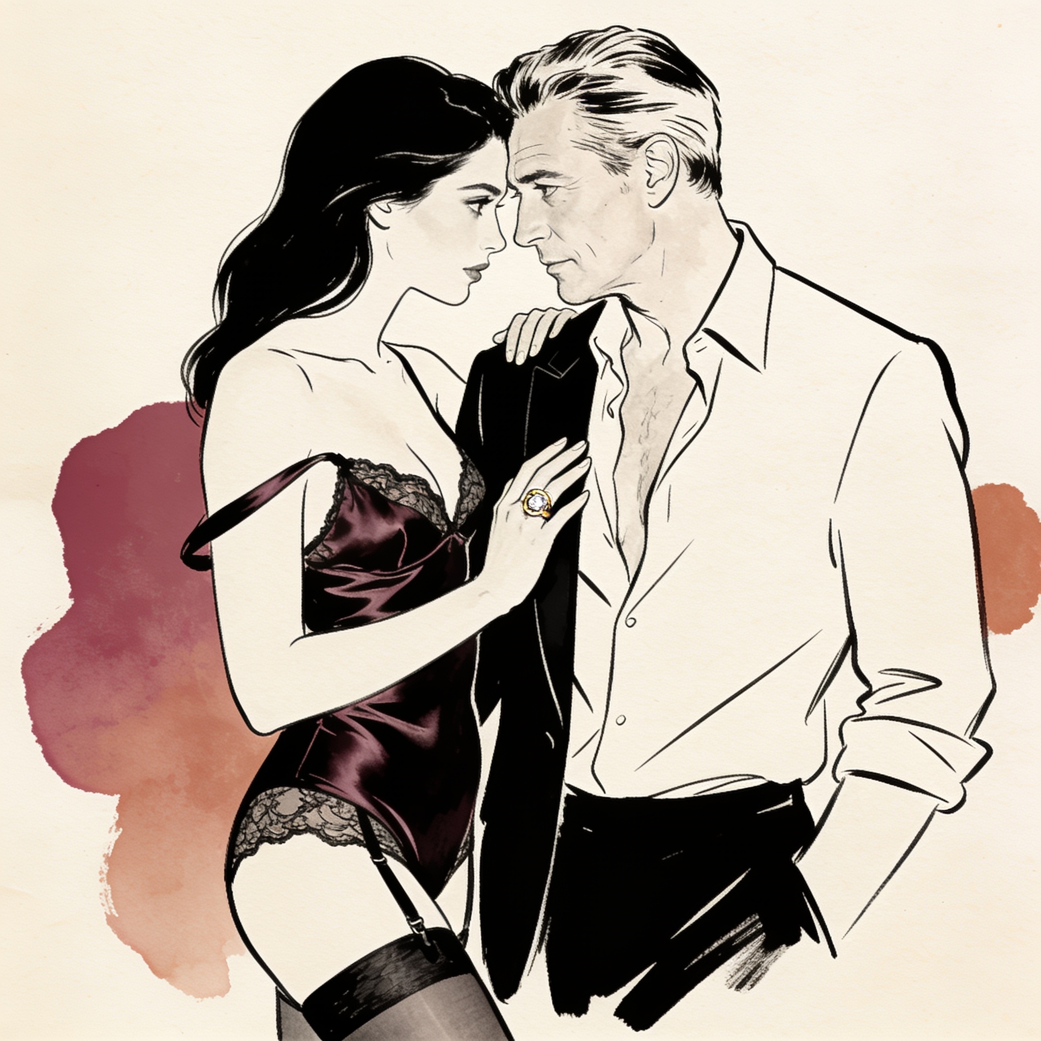 Two women close, foreheads touching, hand on a suit lapel in a modern penthouse.
